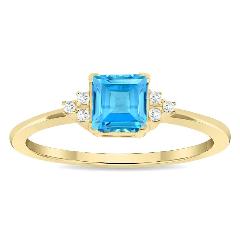 Women's Square Shaped Blue Topaz and Diamond Half Moon Ring in 10K Yellow Gold sold by Zulily