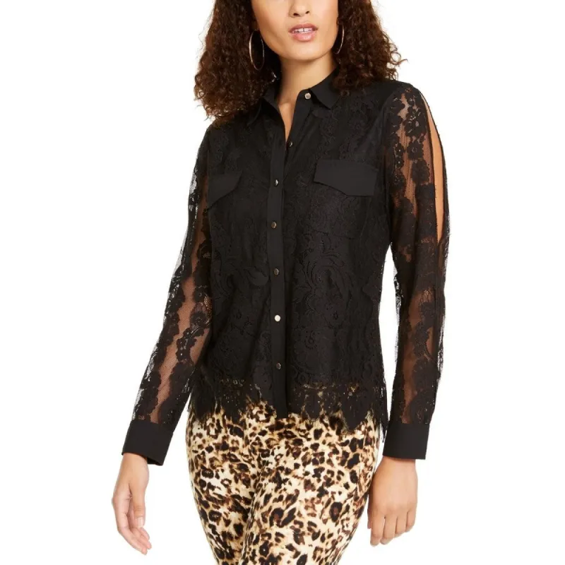 Thalia Sodi Women's Mixed Media Button Up Shirt Black Size XX-Large sold by Zulily