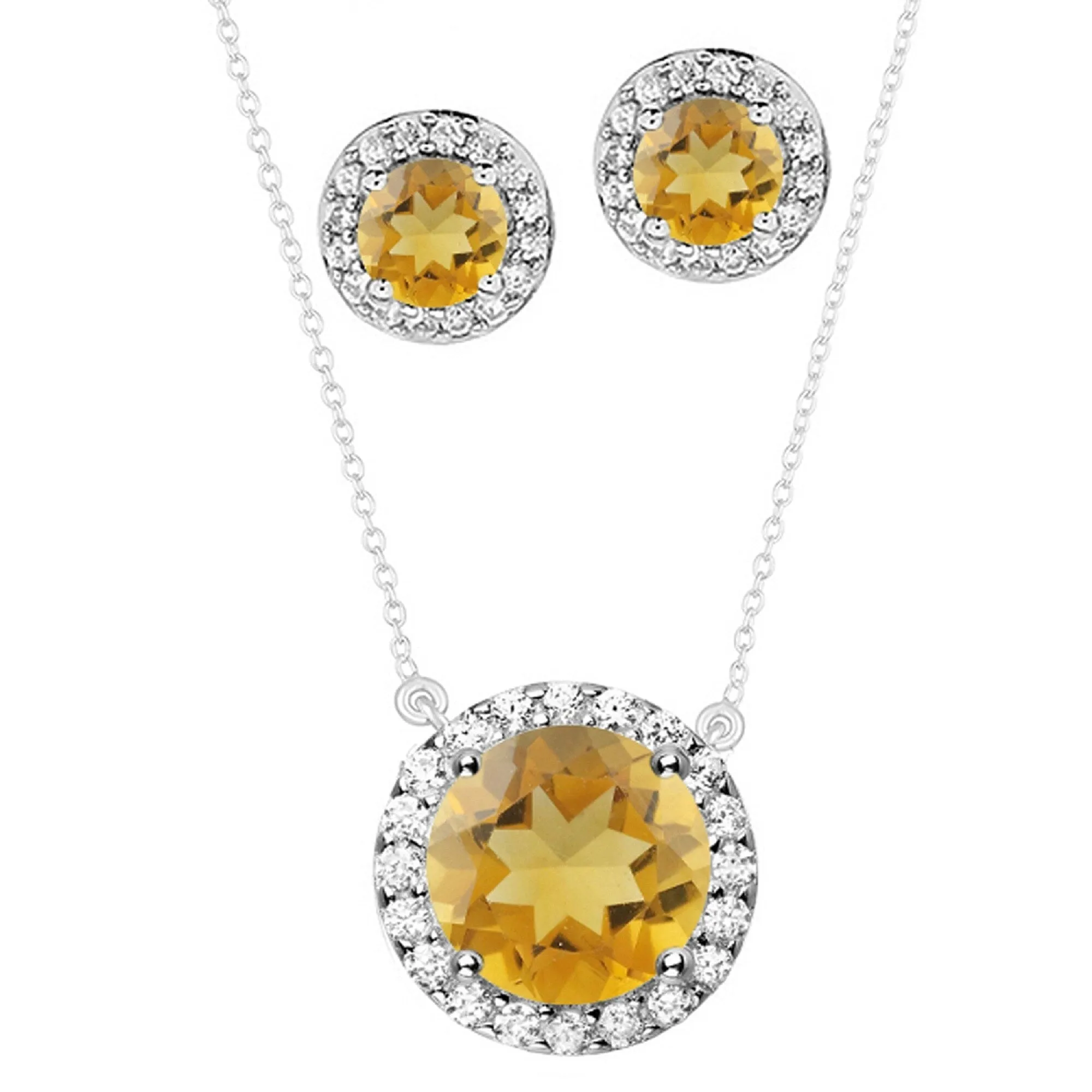 Set of Sterling Silver Halo Pendant and Earring Set with Natural Citrine and White Topaz 18" Chain sold by Zulily