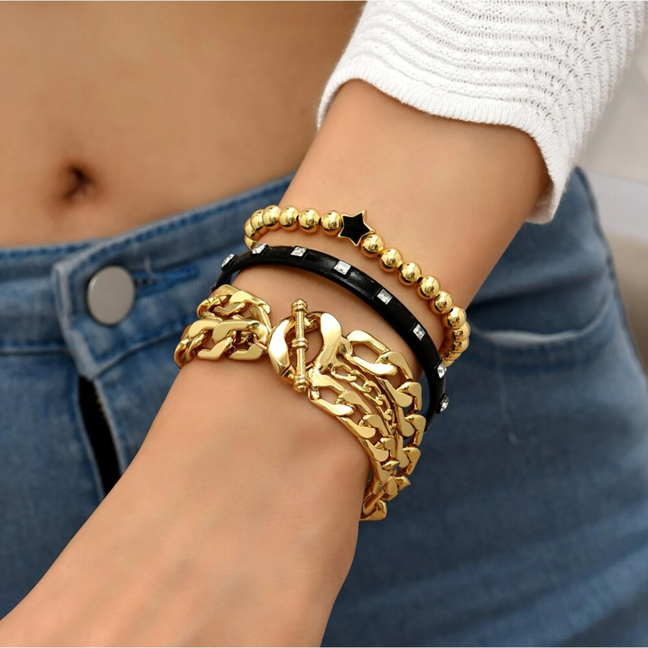 Goldtone Chain link, Star and Black Bangle Bracelet set sold by Zulily