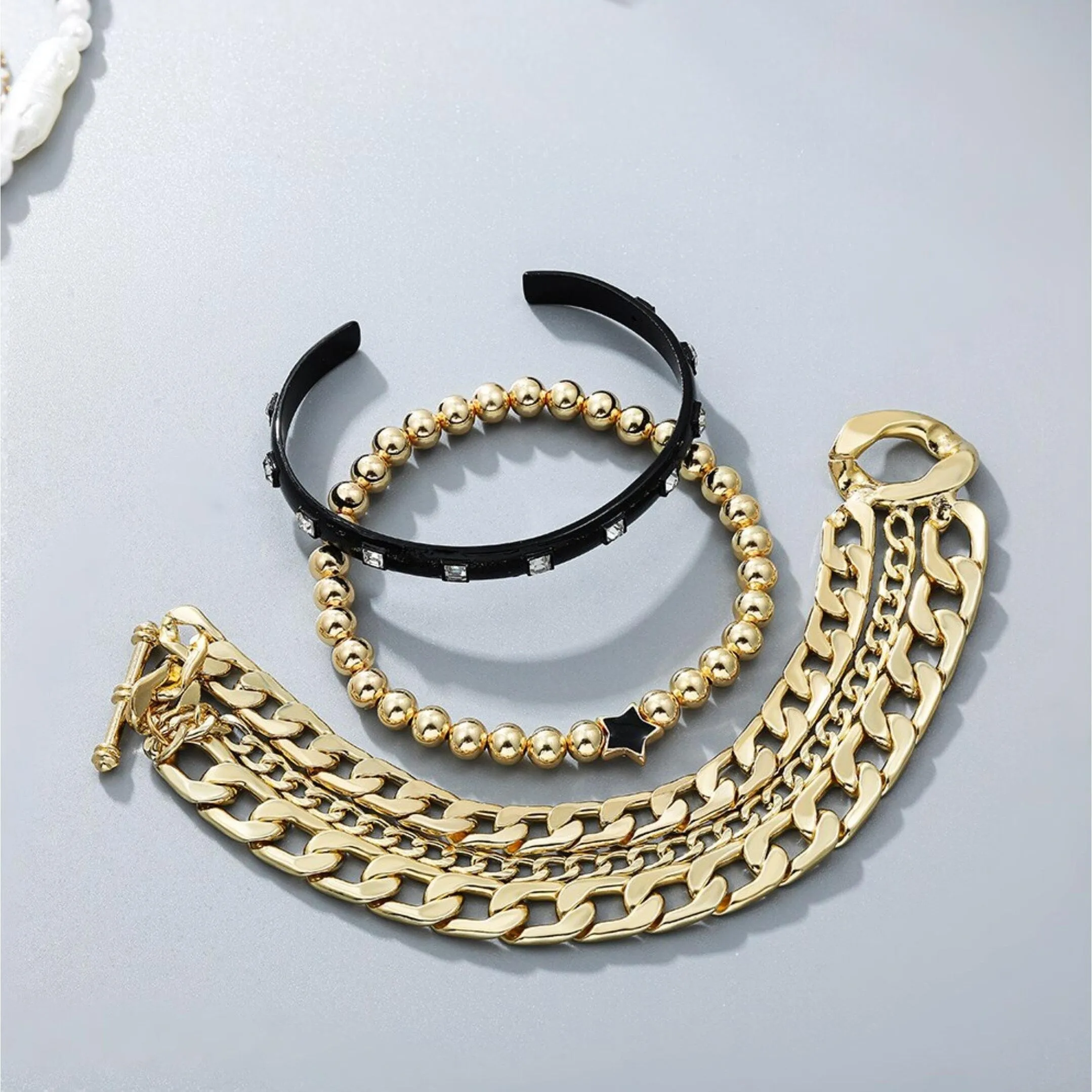 Goldtone Chain link, Star and Black Bangle Bracelet set sold by Zulily product image thumbnail 2