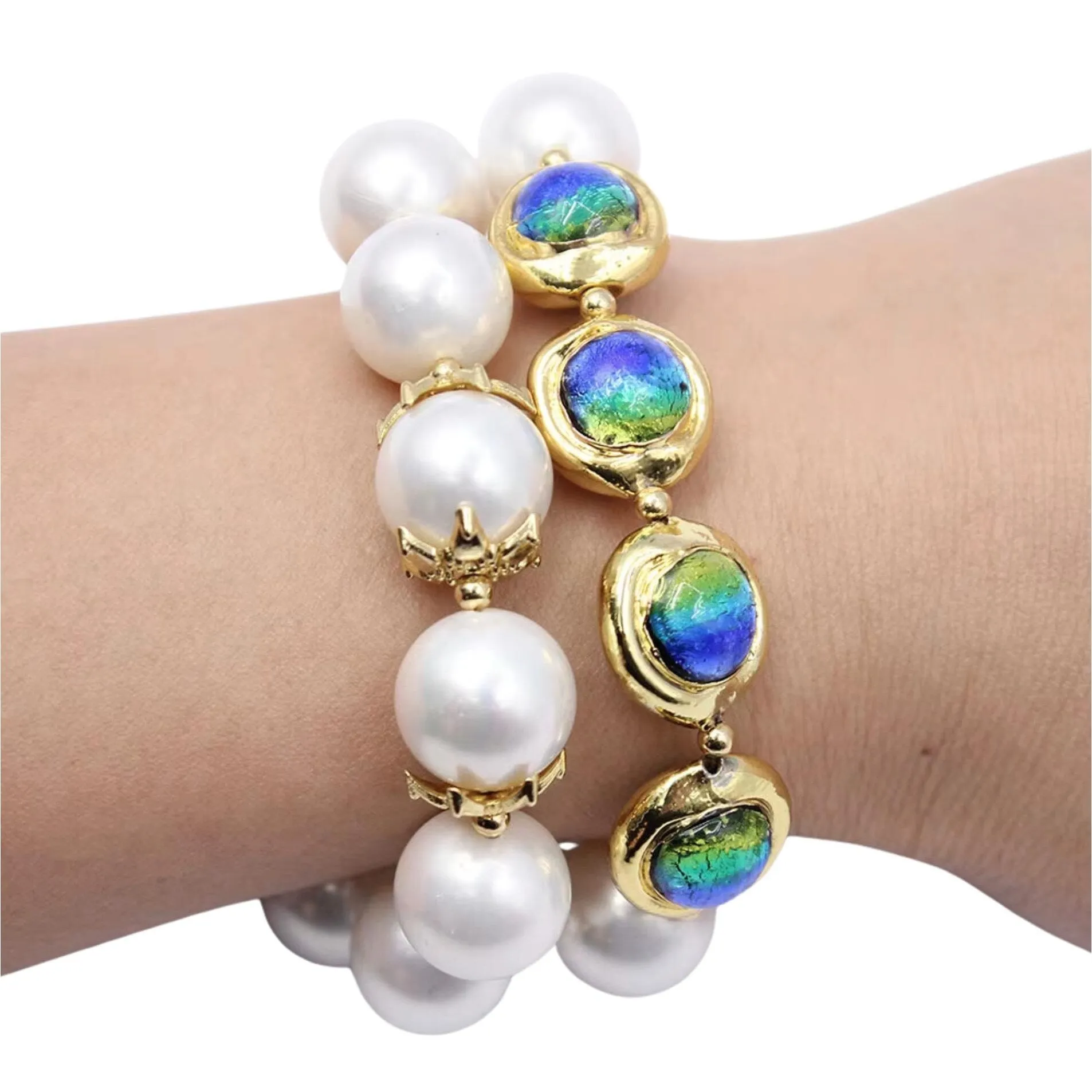 Shell Pearl & Murano Beaded Bracelet with Large Oval CZ Paved Clasp sold by Zulily