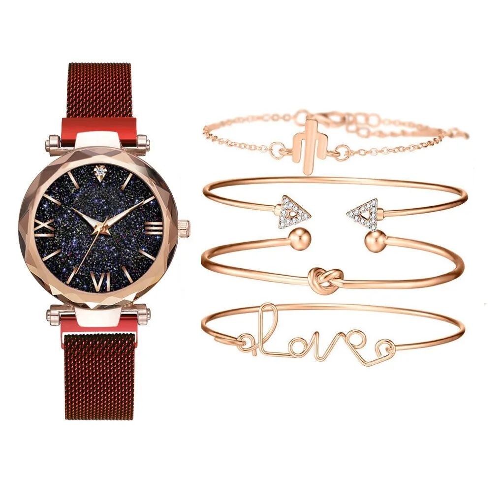 Red Goldtone Bezelled-edge Sparke Watch Bracelet Set with Roman Numerals sold by Zulily