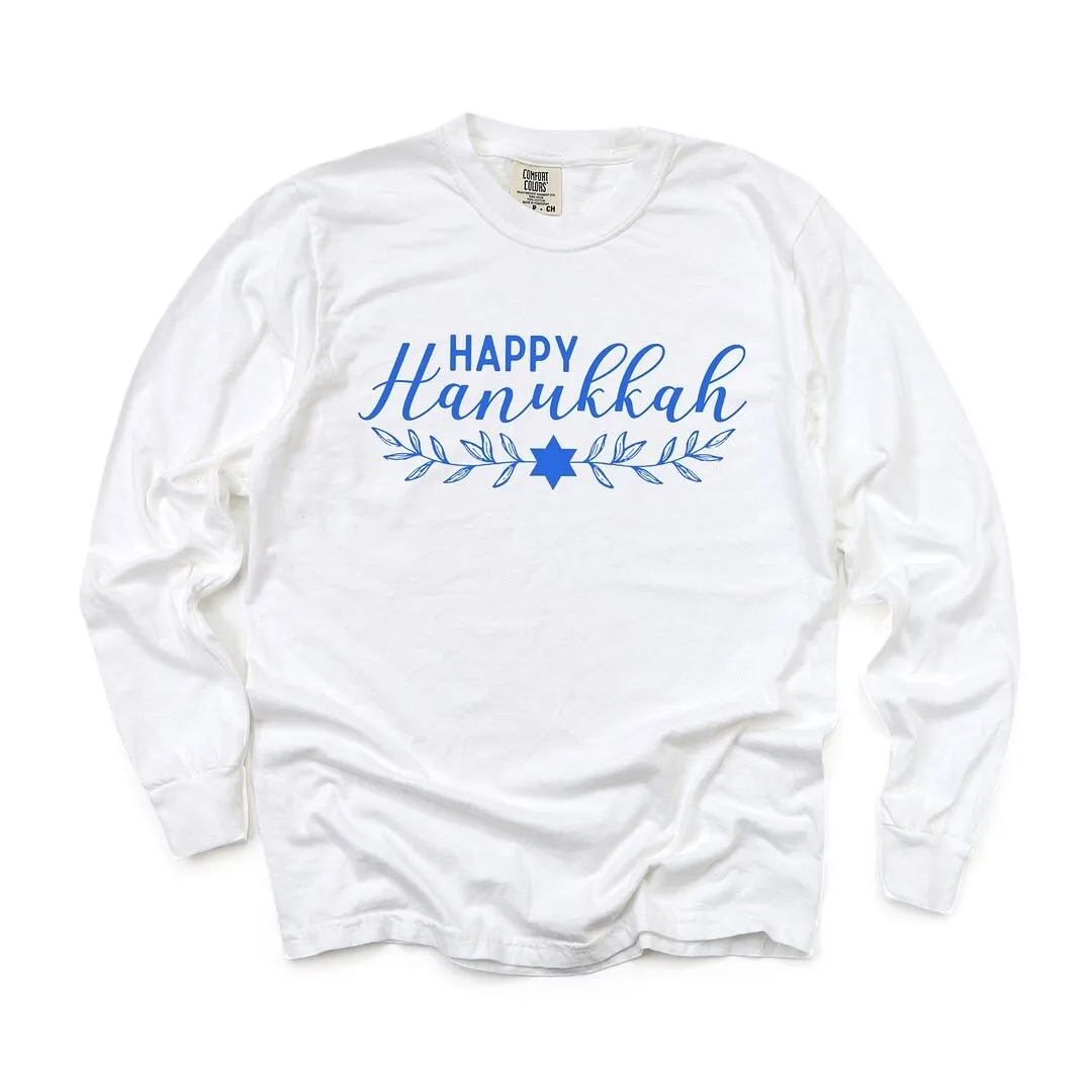 Happy Hanukkah Blue Garment Dyed Long Sleeve sold by Zulily