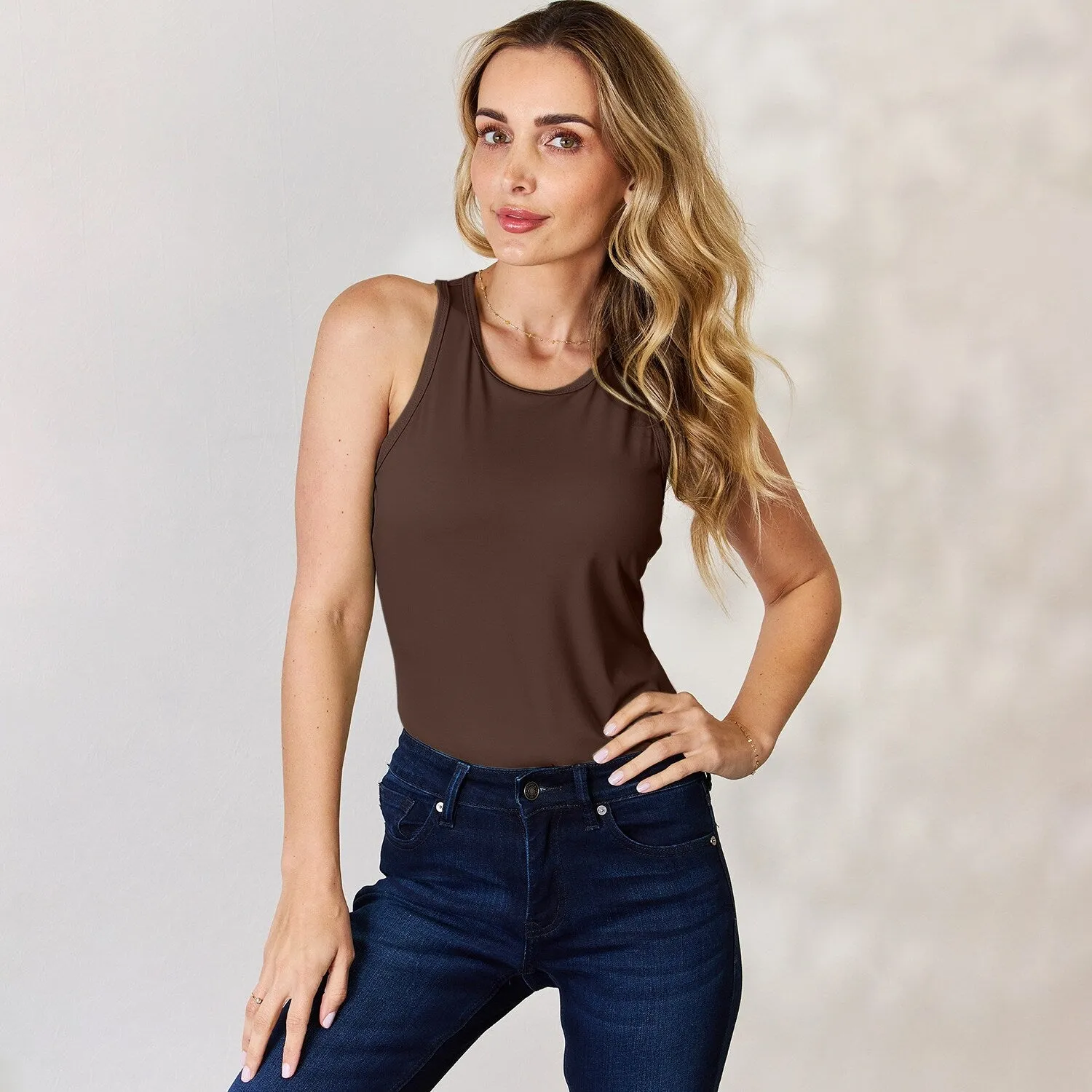 Chocolate Round Neck Racerback Tank sold by Zulily