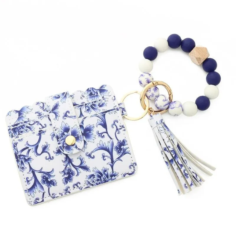 Blue Floral Card Holder Beaded Stretch Bracelet Keychain sold by Zulily
