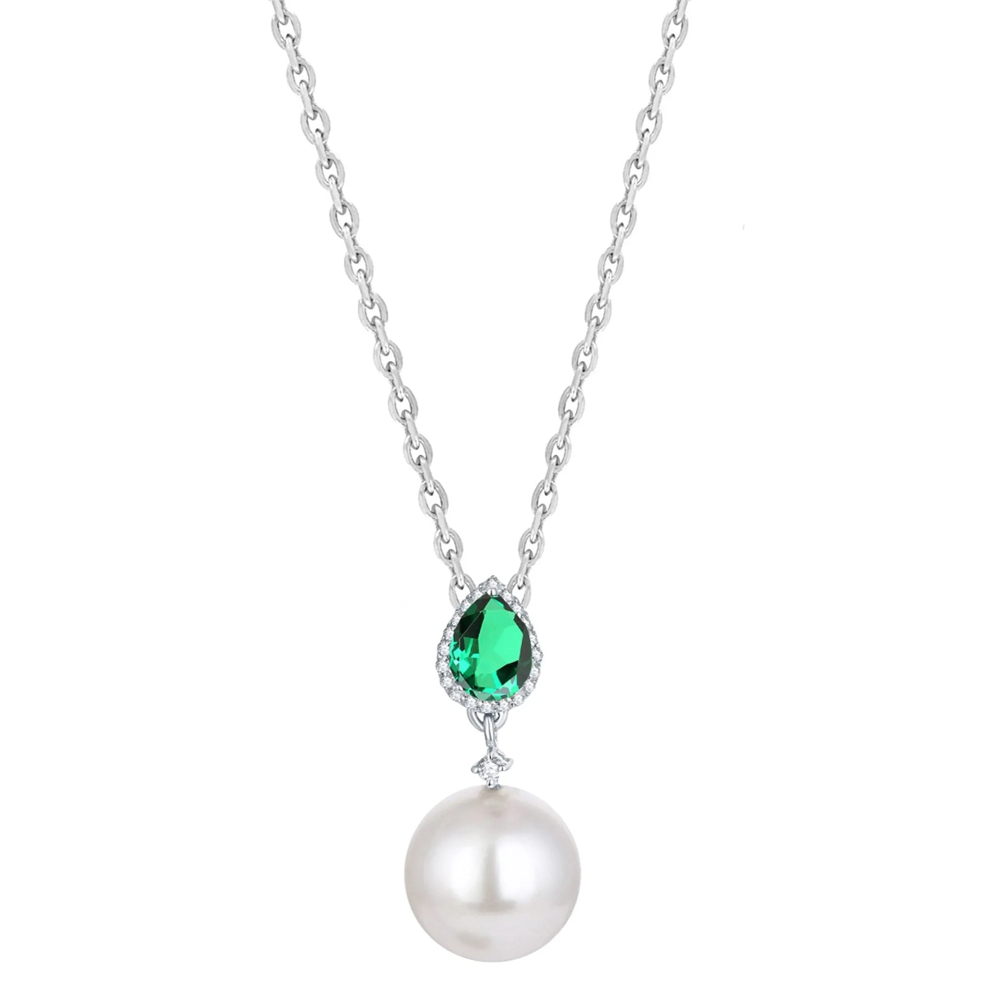 Green Emerald and Shell Pearl Sterling Silver Drop Pendant Necklace sold by Zulily