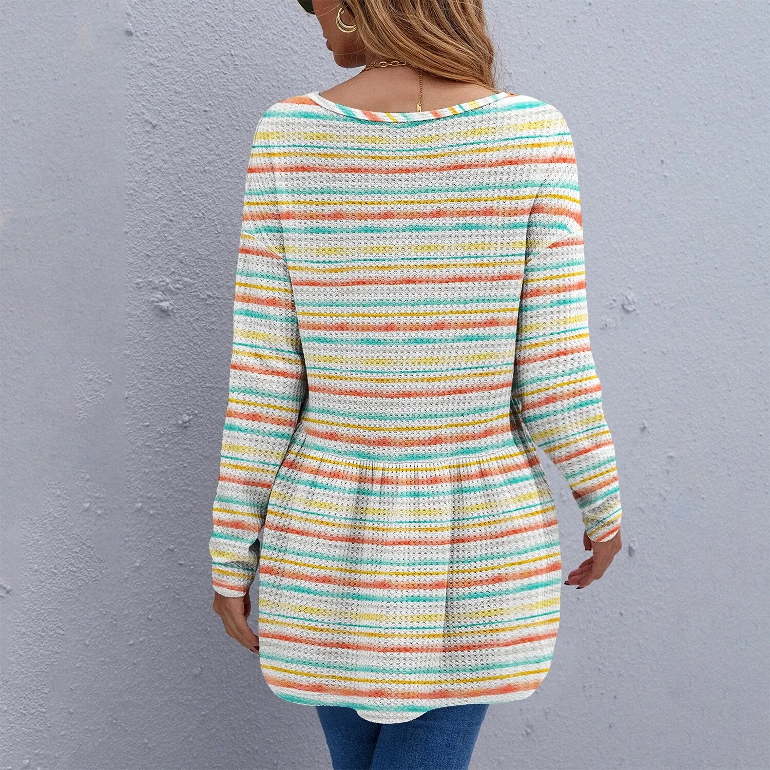 Coral Pink & Turquoise Watercolor Stripe Long Sleeve Tunic sold by Zulily product image thumbnail 2