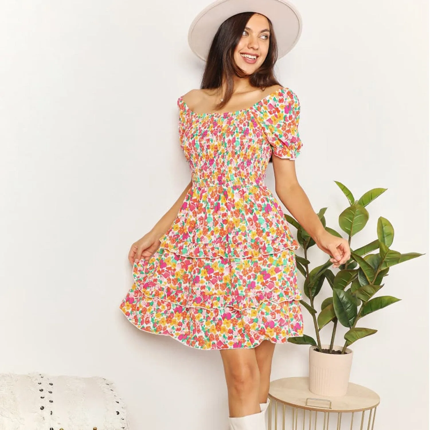 Multi Color Floral Smocked Sweetheart Neck Flounce Sleeve Mini Dress sold by Zulily product image thumbnail 2