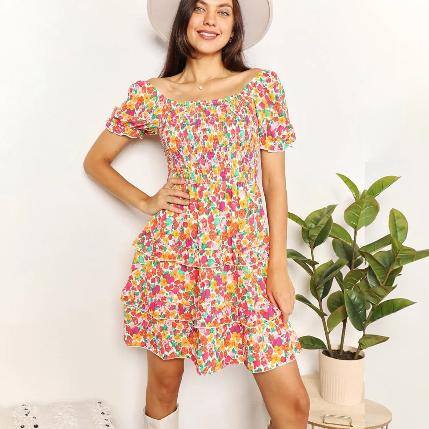 Multi Color Floral Smocked Sweetheart Neck Flounce Sleeve Mini Dress sold by Zulily