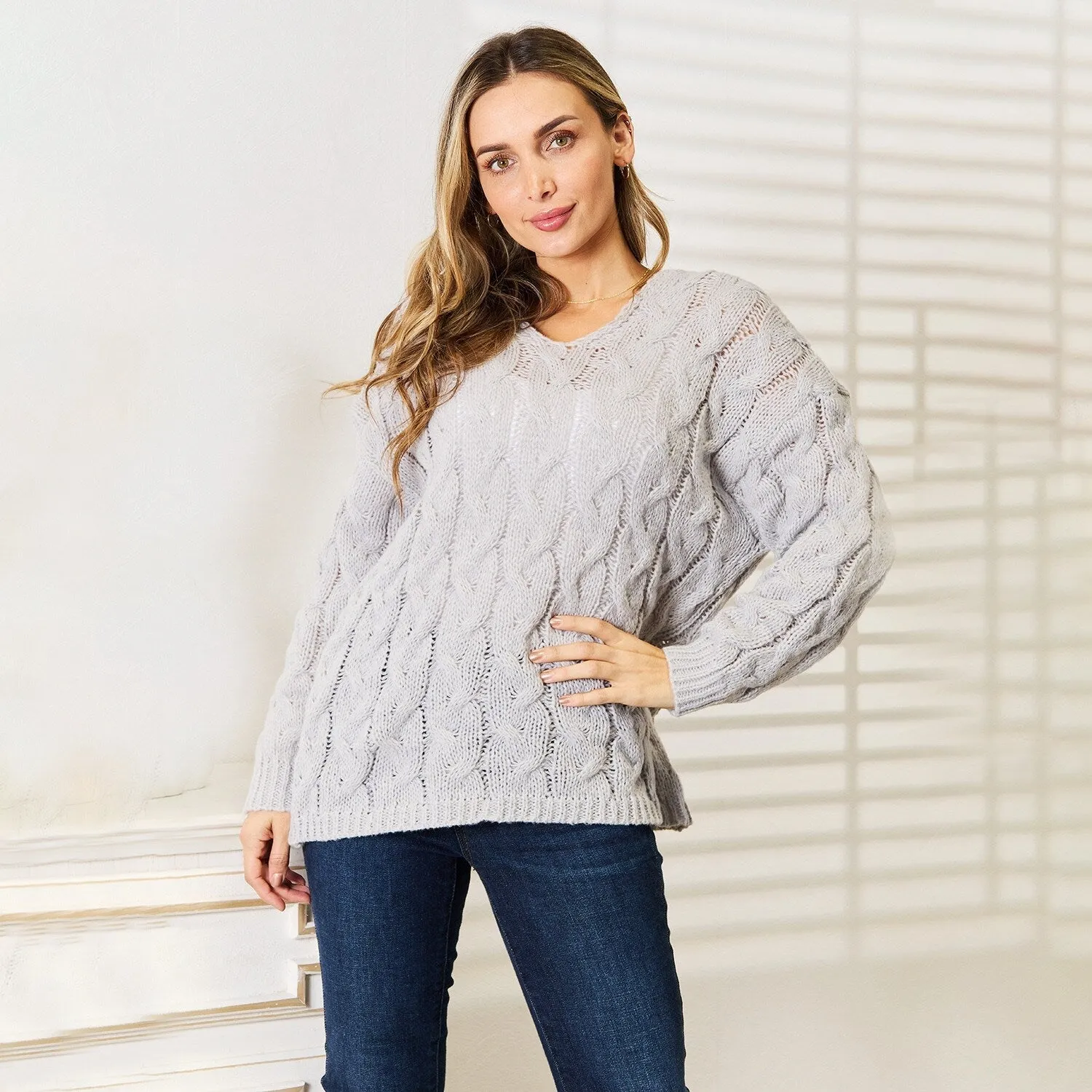 Light Grey Cable-Knit Hooded Sweater sold by Zulily product image thumbnail 3