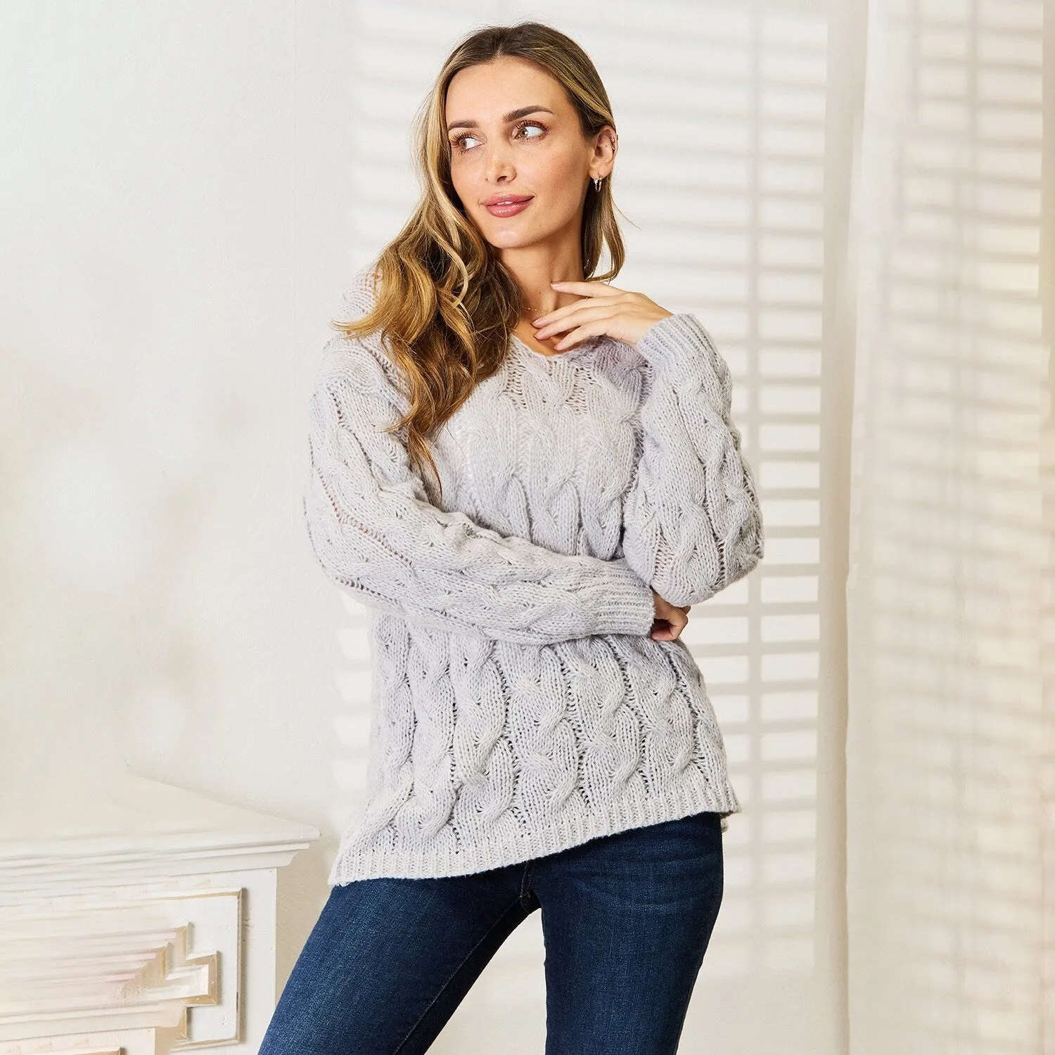 Light Grey Cable-Knit Hooded Sweater sold by Zulily