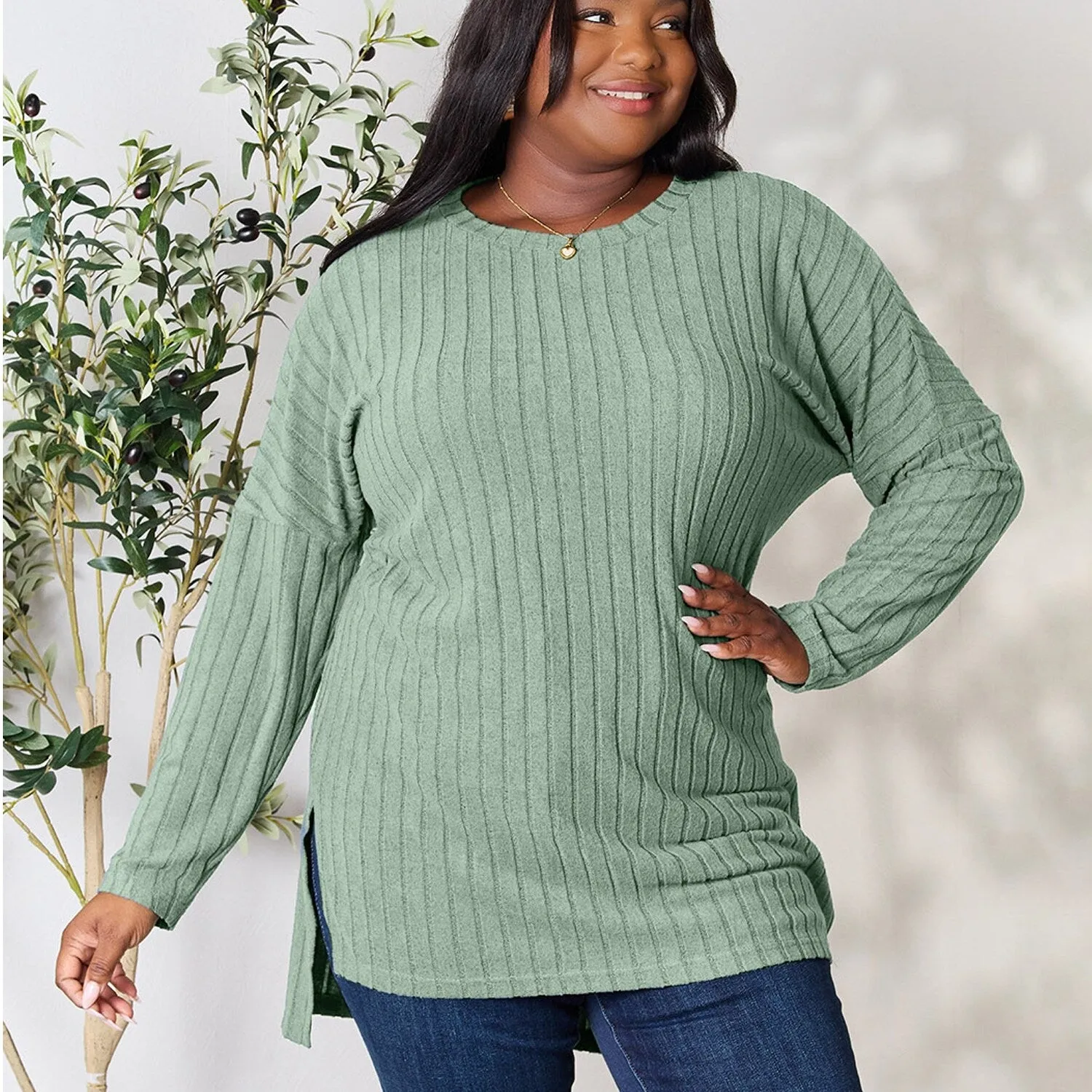 Light Green Ribbed Round Neck Long Sleeve Slit Top sold by Zulily