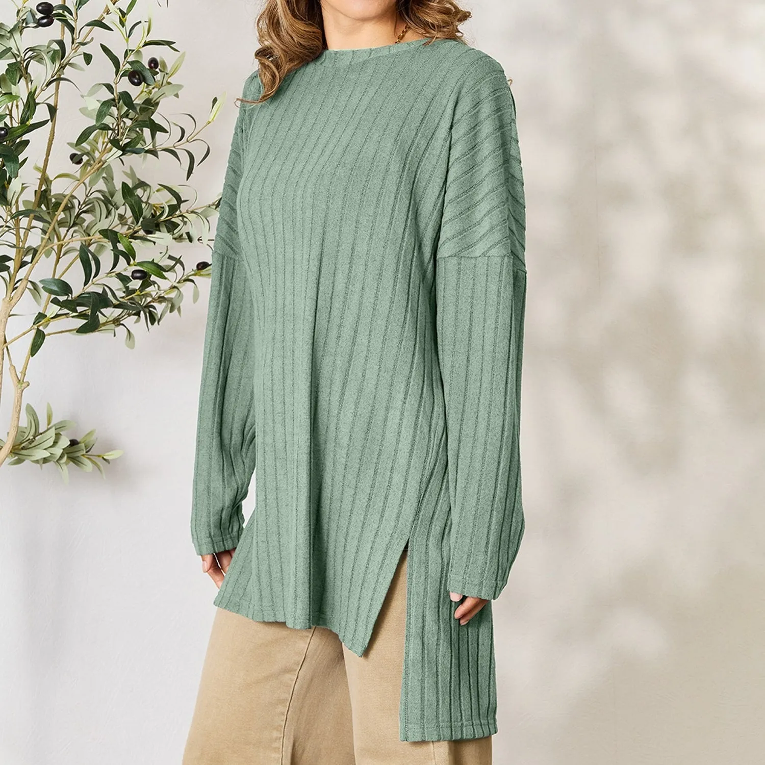 Light Green Ribbed Round Neck Long Sleeve Slit Top sold by Zulily product image thumbnail 4