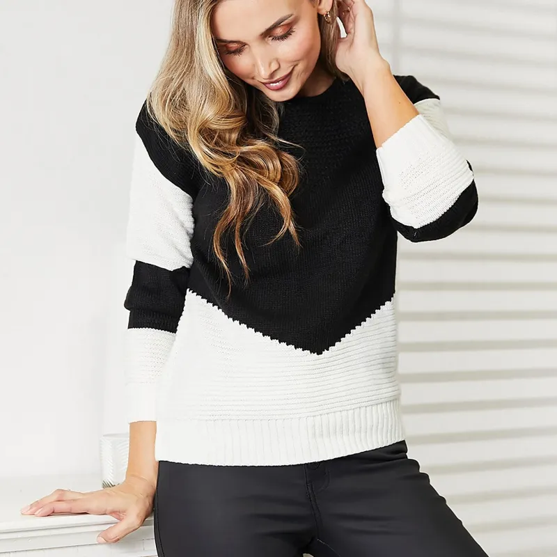 Black Two-Tone Openwork Rib-Knit Sweater sold by Zulily