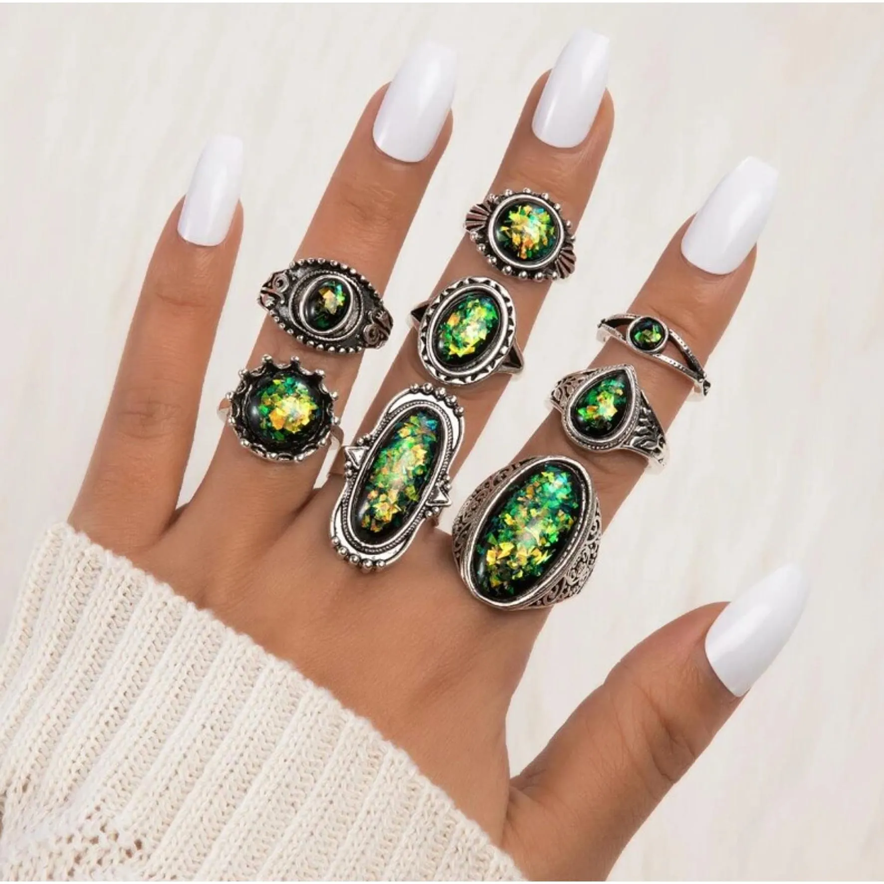 Silvertone & Green Signet Ring Sets sold by Zulily product image thumbnail 2