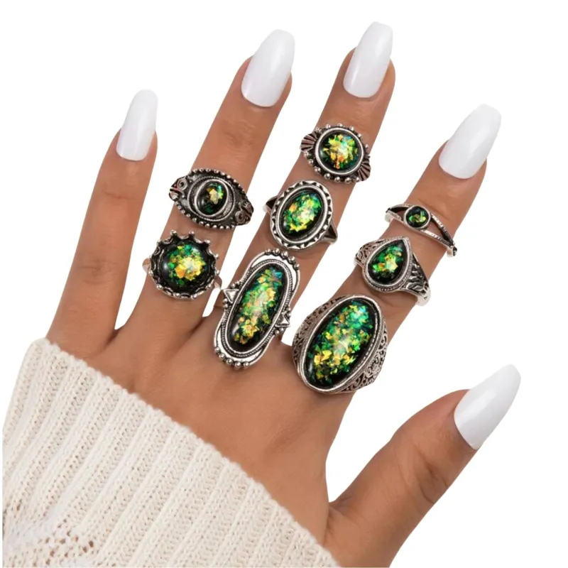 Silvertone & Green Signet Ring Sets made by Zulily