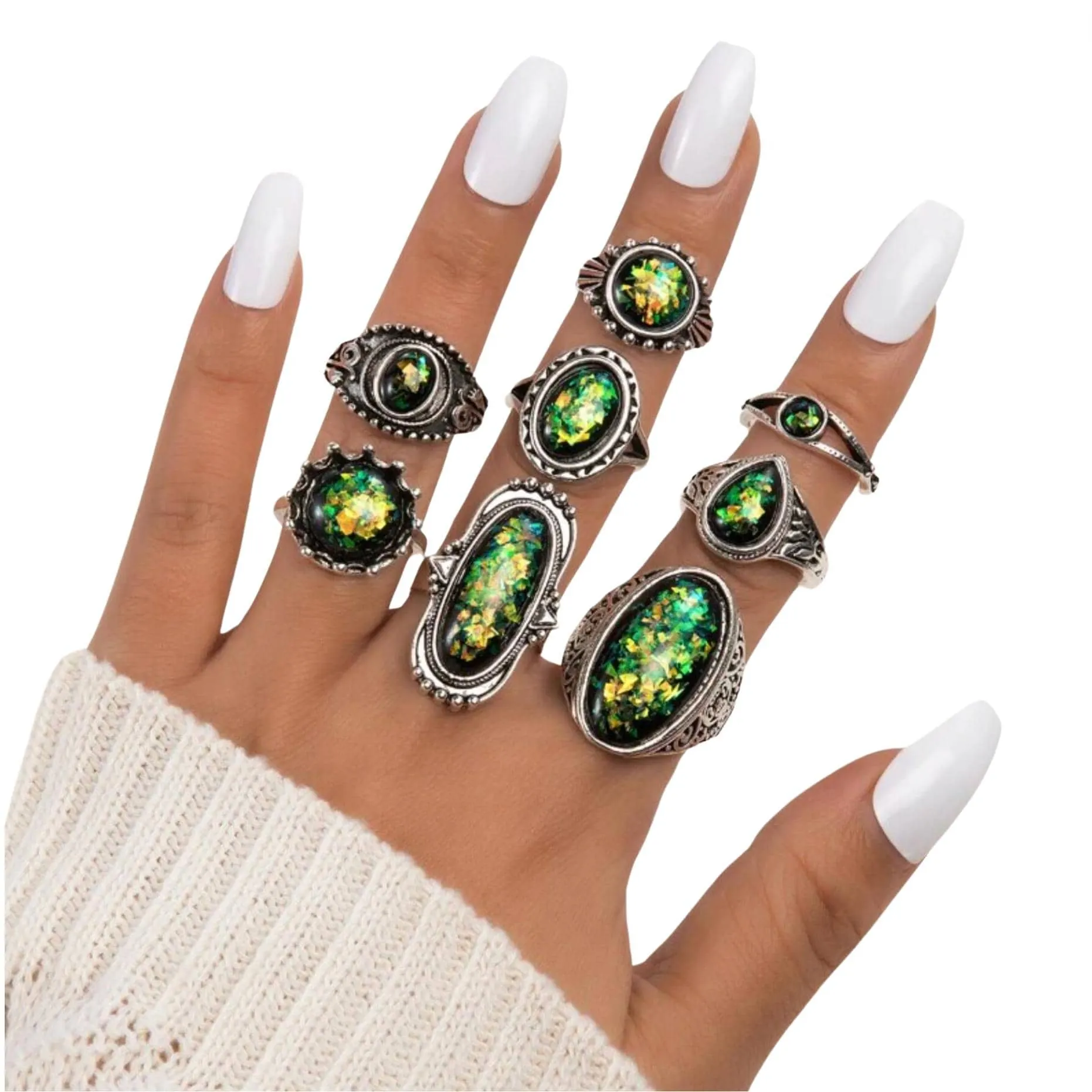Silvertone & Green Signet Ring Sets sold by Zulily