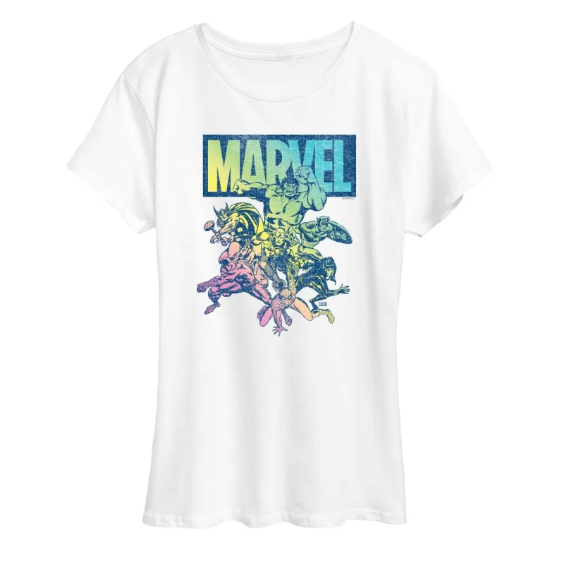 Women's The Avengers Marvel Group Rainbow Short Sleeve Tee sold by Zulily