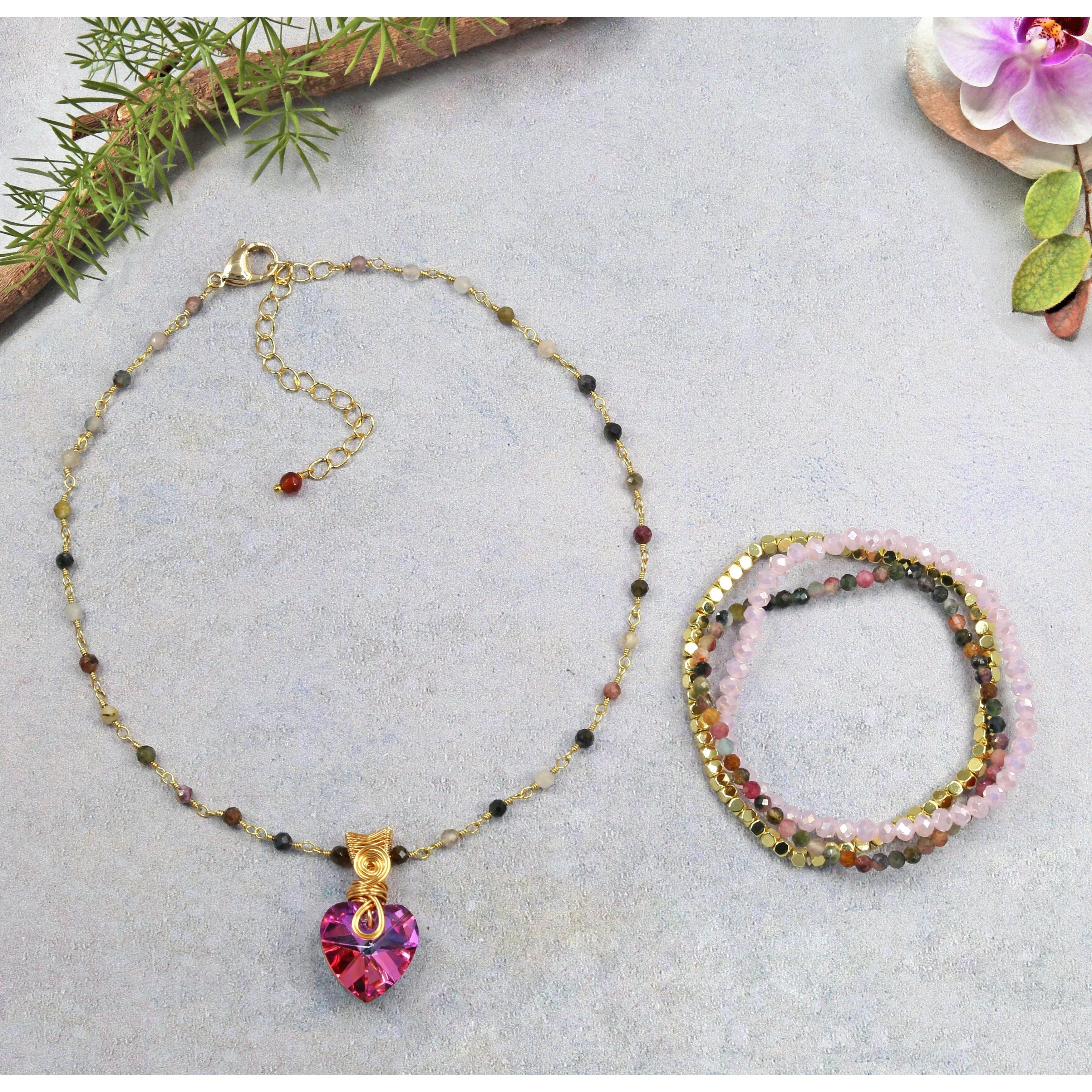 Pink Heart Pendant Tourmaline Necklace and Multi-Tone Beaded Bracelet Set sold by Zulily