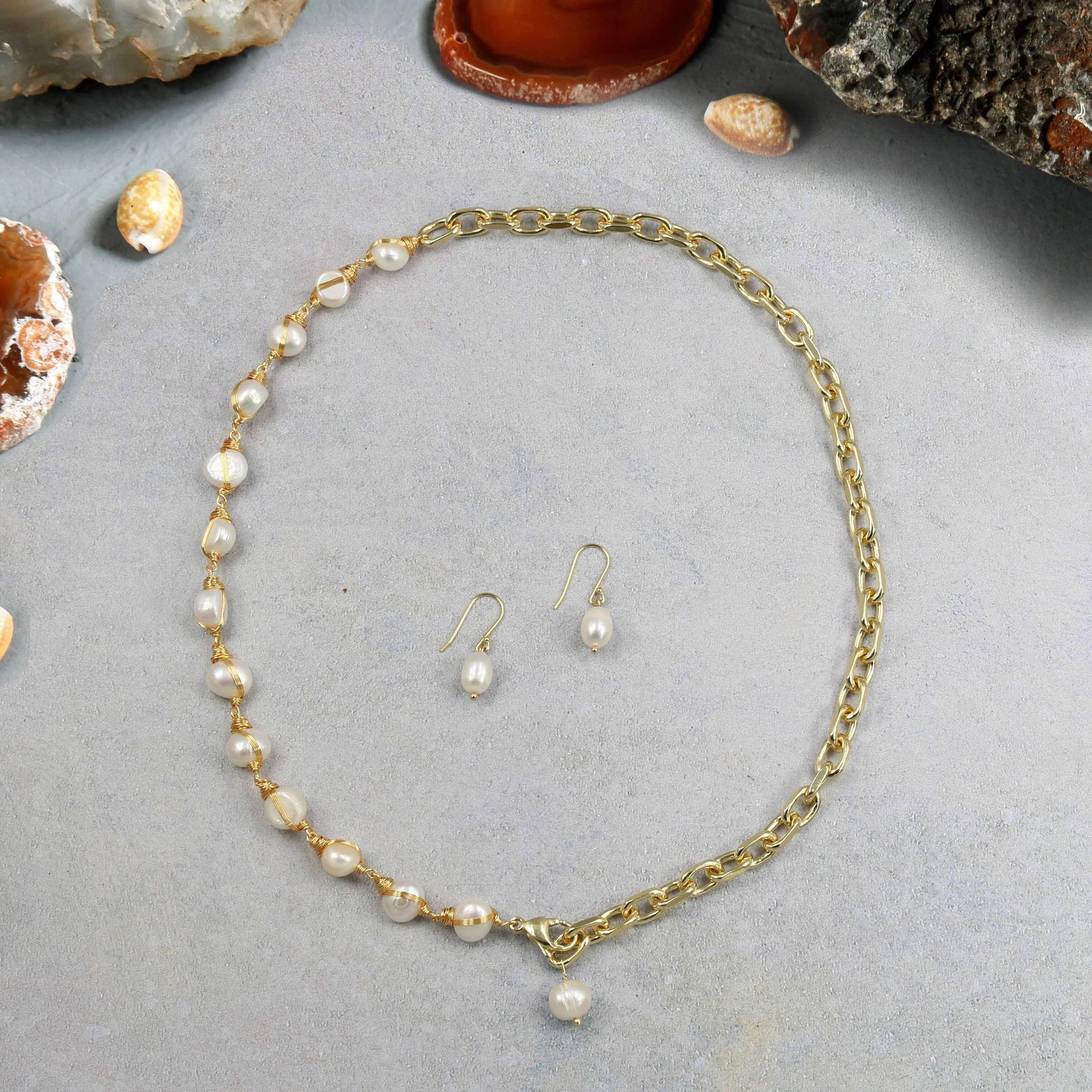 Gold-Chain and Pearl Necklace with Matching Earrings sold by Zulily product image thumbnail 2