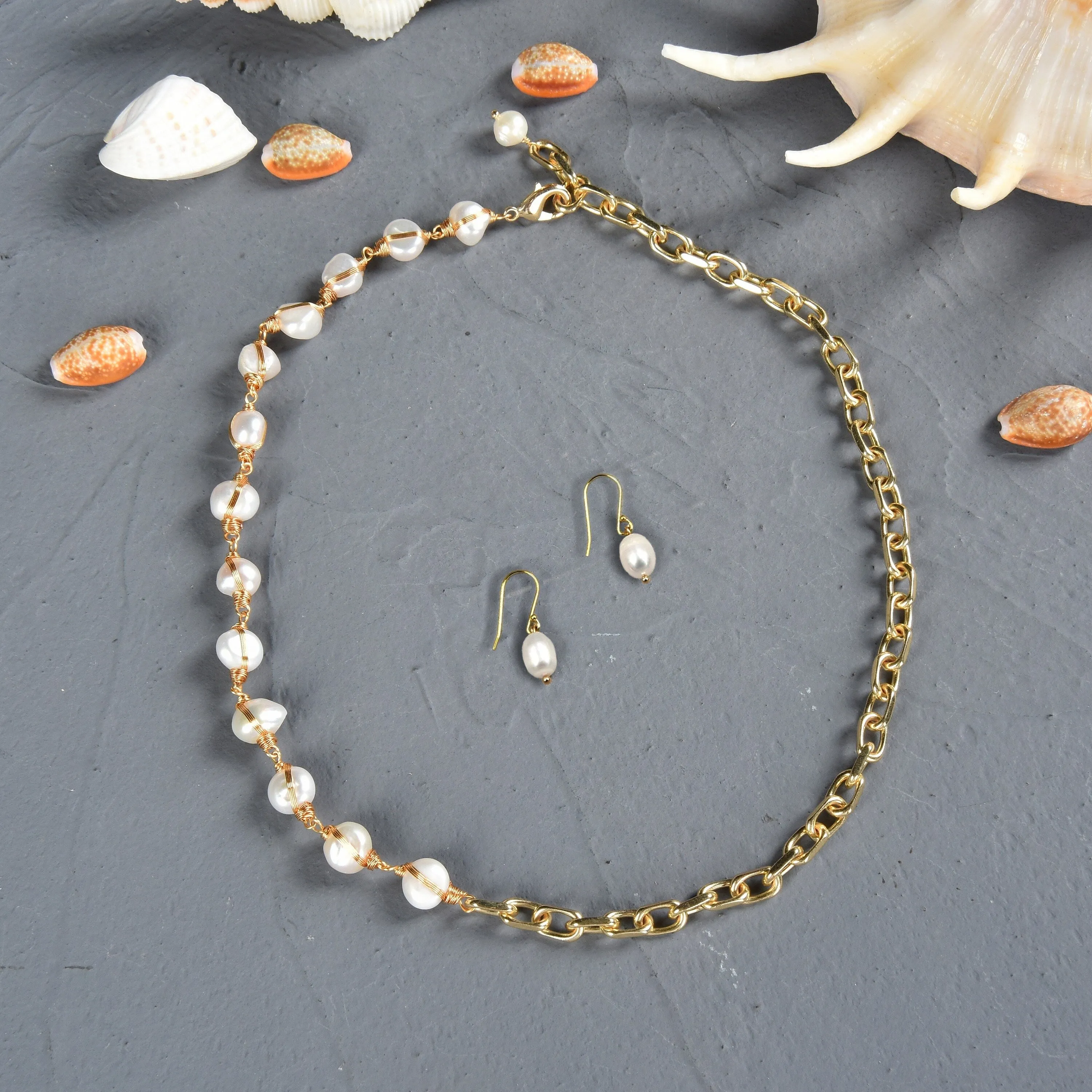 Gold-Chain and Pearl Necklace with Matching Earrings sold by Zulily