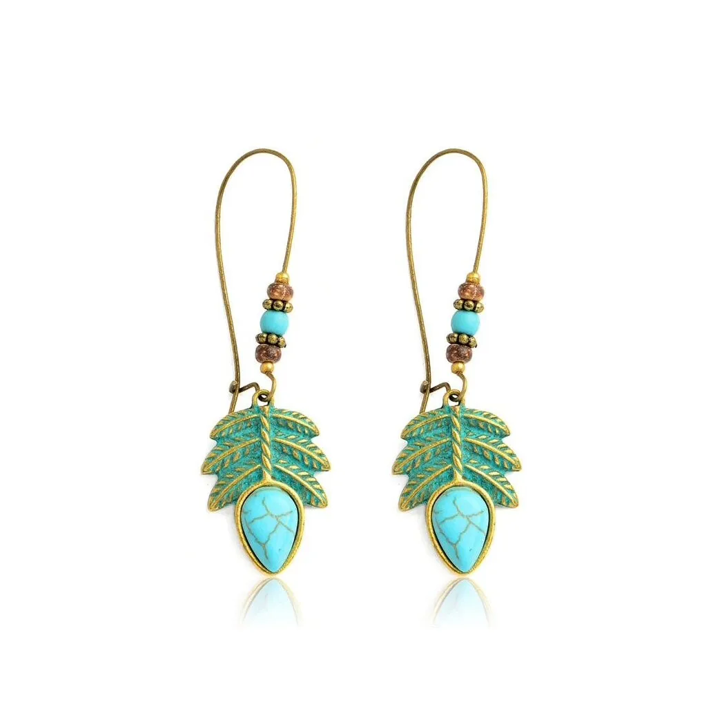 Turquoise Leaf Wood Bead Drop Earrings - Gold sold by Zulily