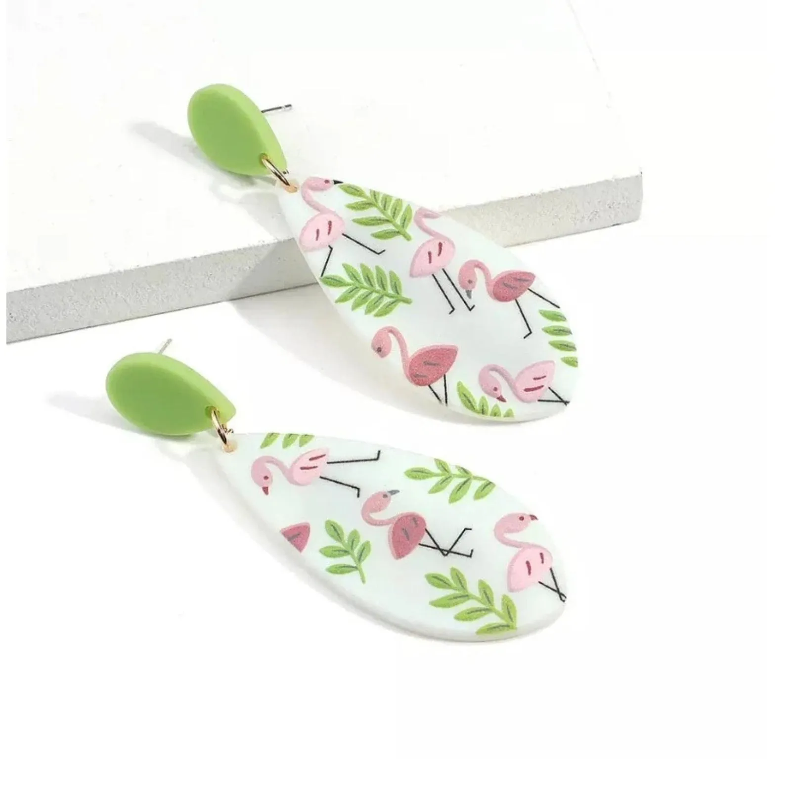 Green Plant Pink Flamingo Teardrop Drop Earrings - Gold sold by Zulily product image thumbnail 2
