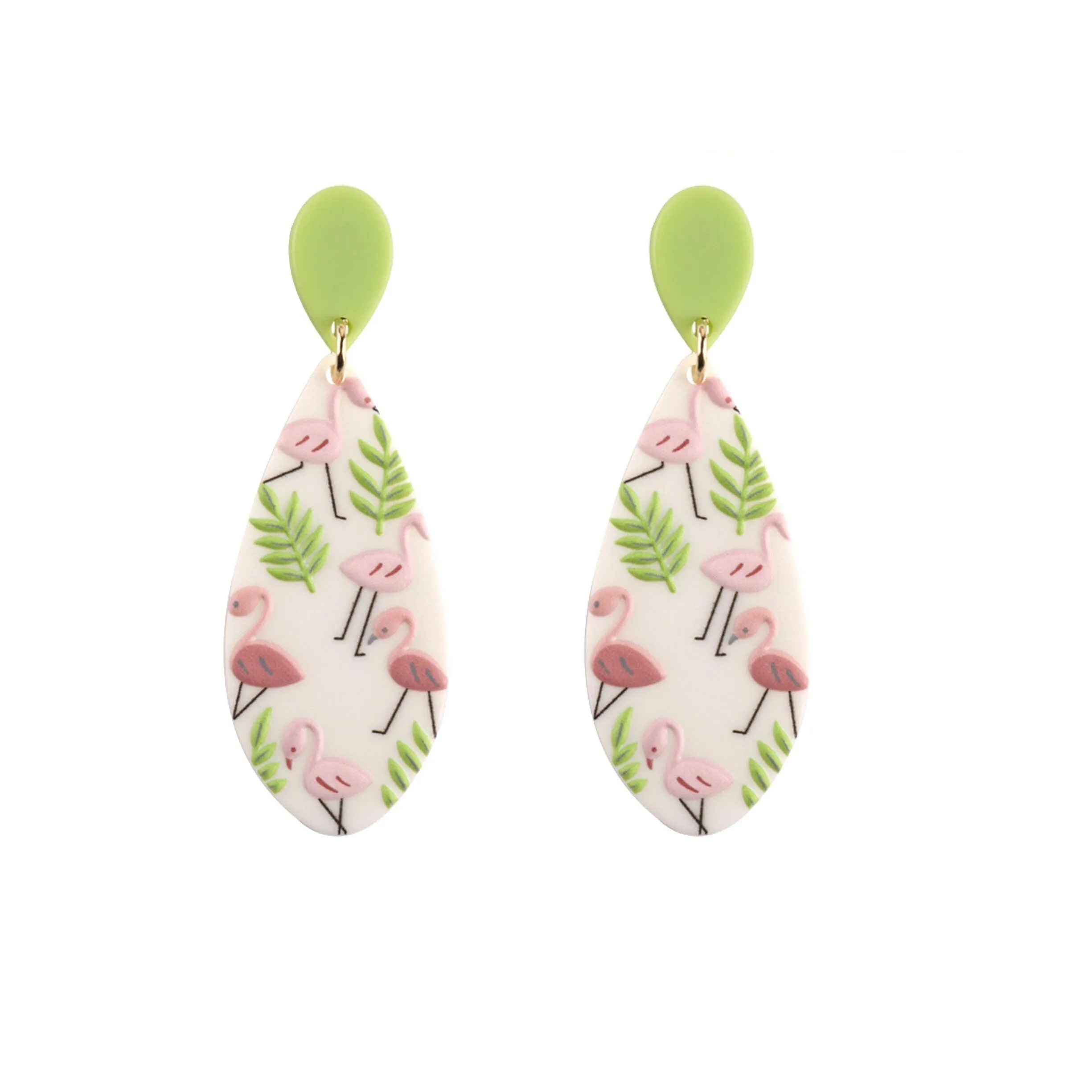 Green Plant Pink Flamingo Teardrop Drop Earrings - Gold sold by Zulily