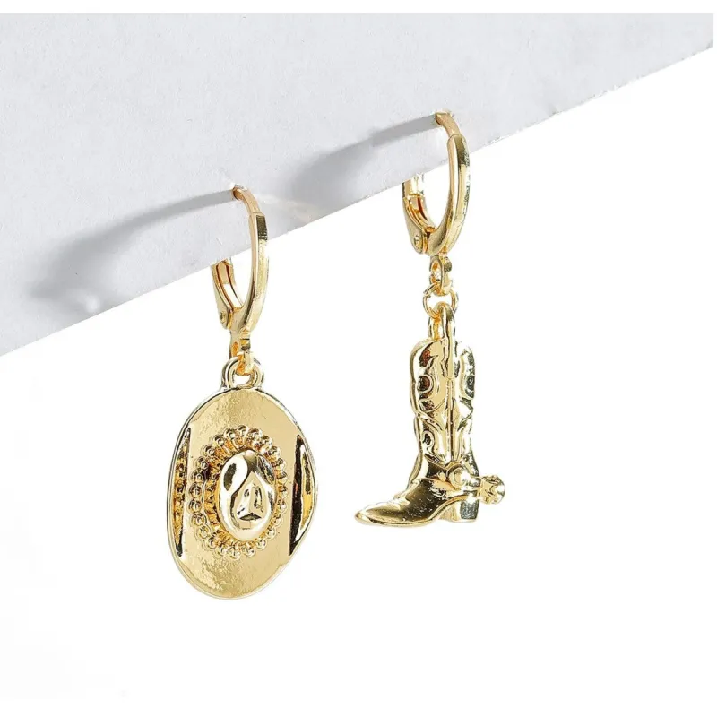 Goldtone Cowboy Boot Hat Asymmetrical Huggie Hoop Earrings - Gold sold by Zulily