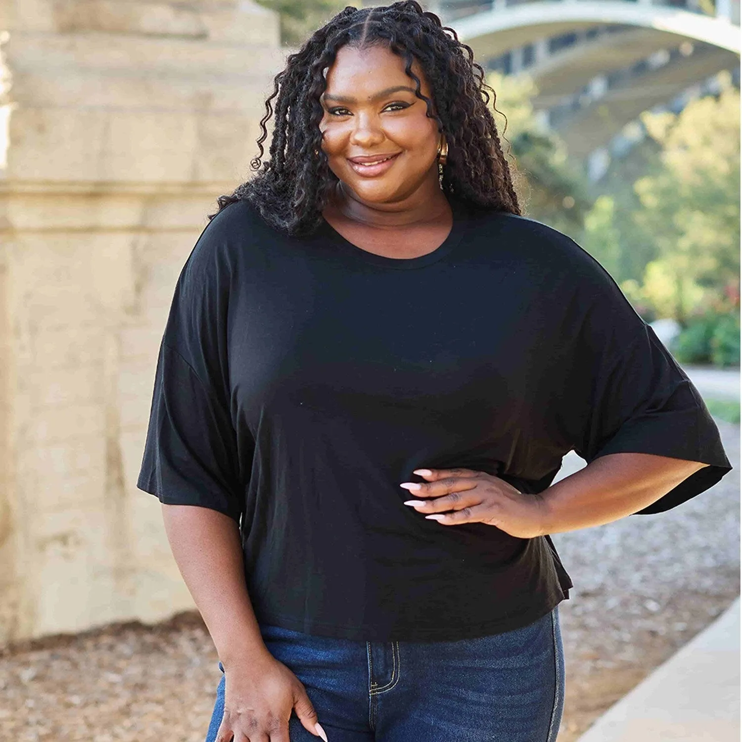 Black Round Neck Drop Shoulder T-Shirt sold by Zulily product image thumbnail 4