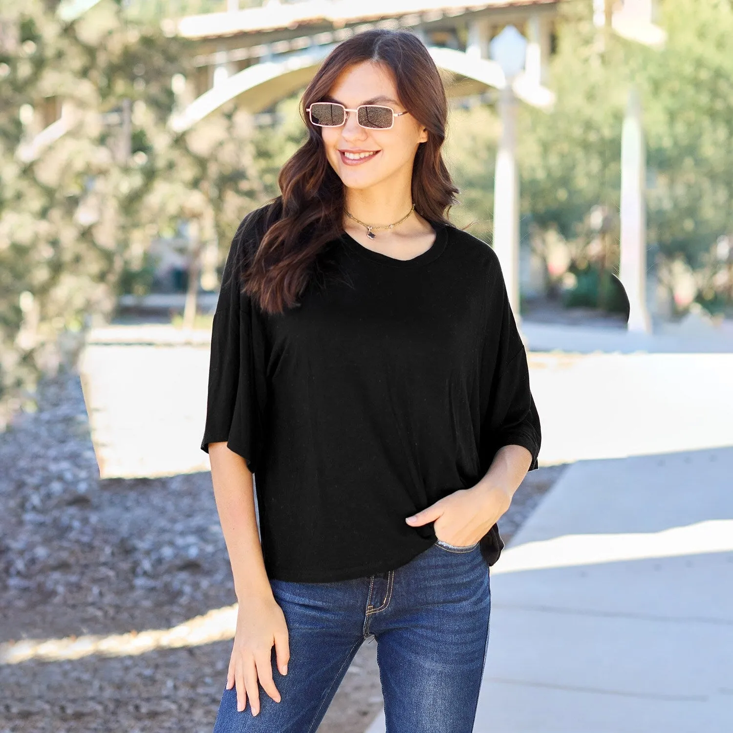 Black Round Neck Drop Shoulder T-Shirt sold by Zulily