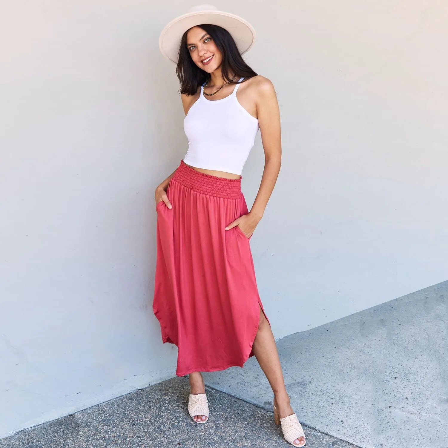 Cranberry High Waist Scoop Hem Maxi Skirt sold by Zulily
