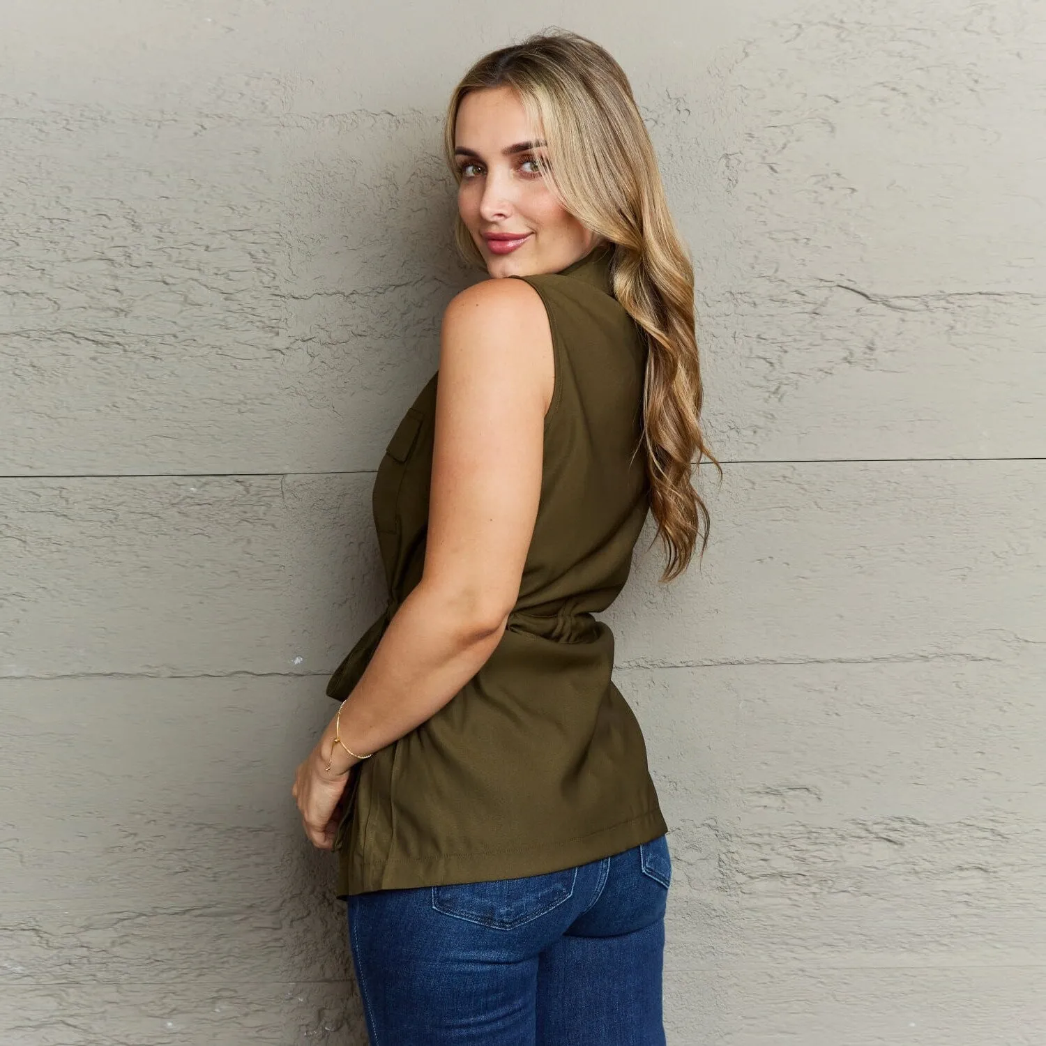 Army Green Sleeveless Collared Button Down Top sold by Zulily product image thumbnail 2