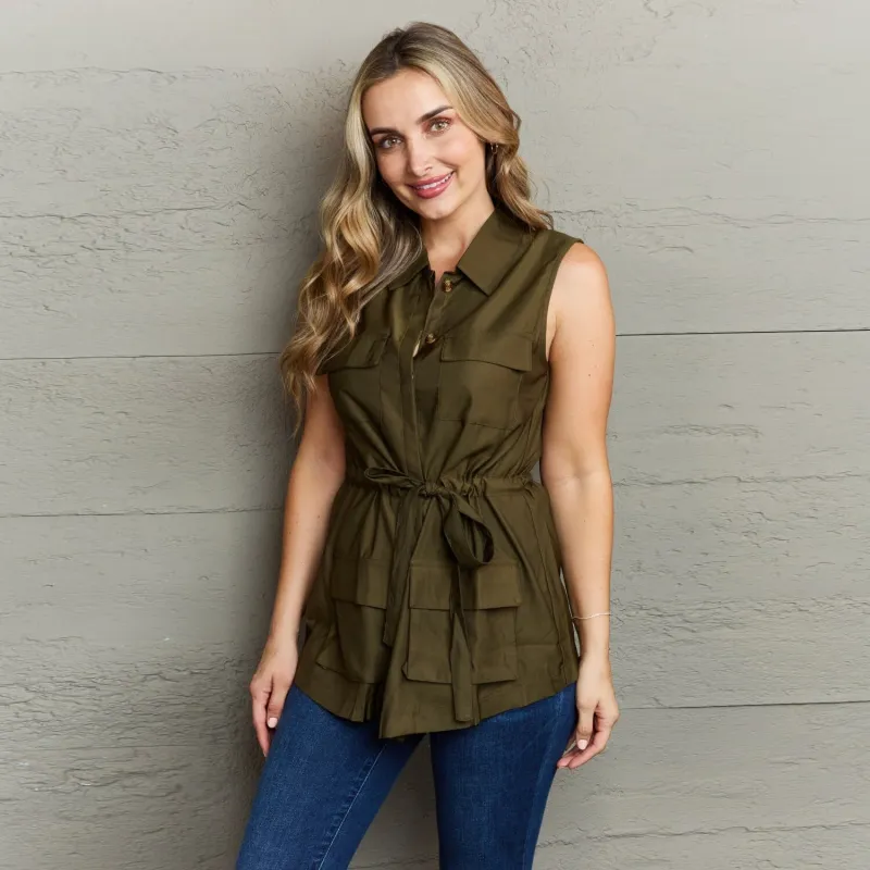 Army Green Sleeveless Collared Button Down Top sold by Zulily