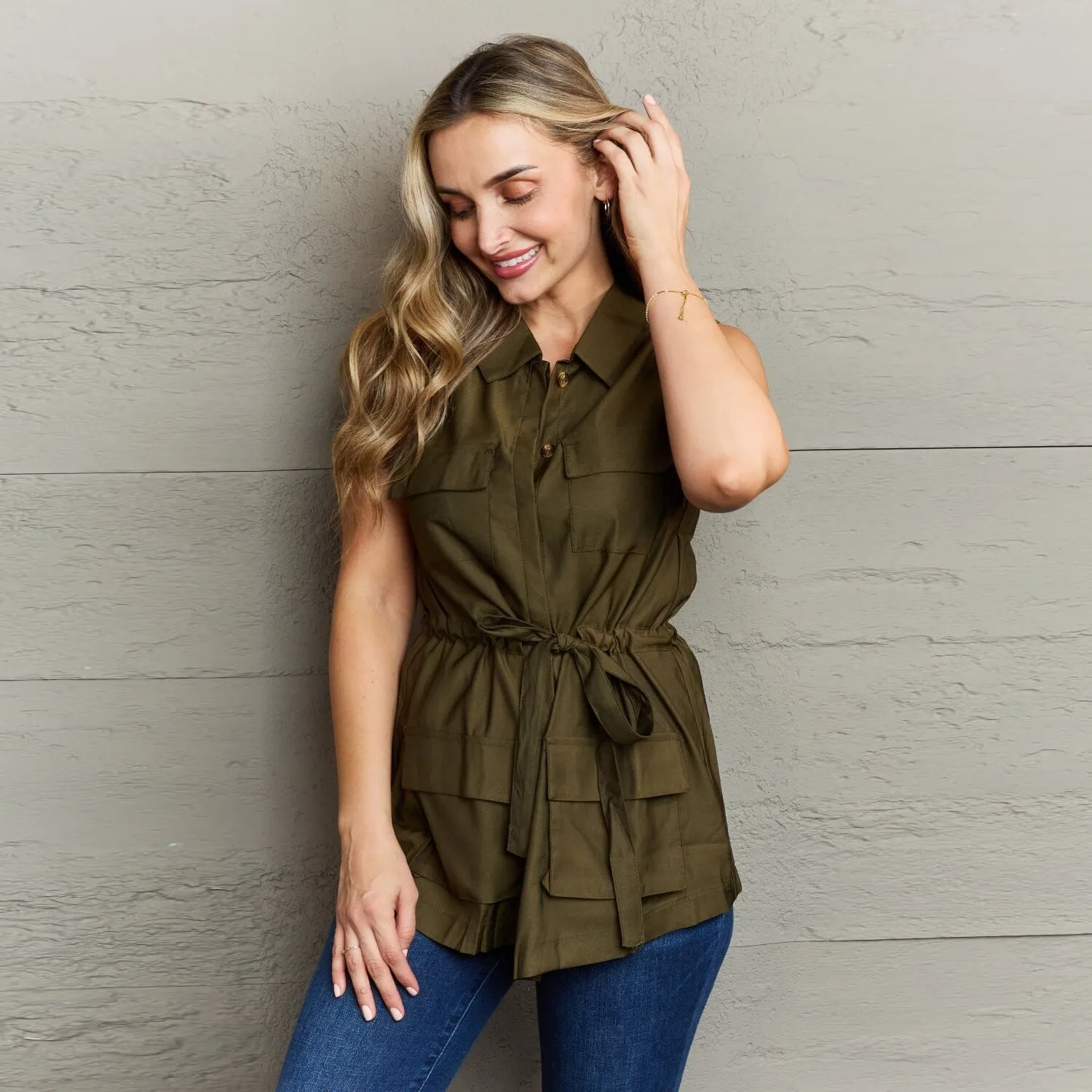 Army Green Sleeveless Collared Button Down Top sold by Zulily product image thumbnail 3
