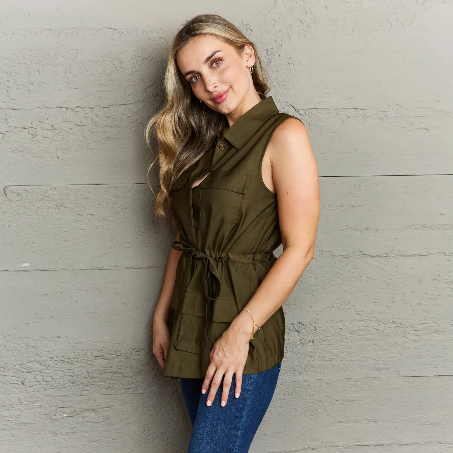 Army Green Sleeveless Collared Button Down Top sold by Zulily product image thumbnail 4