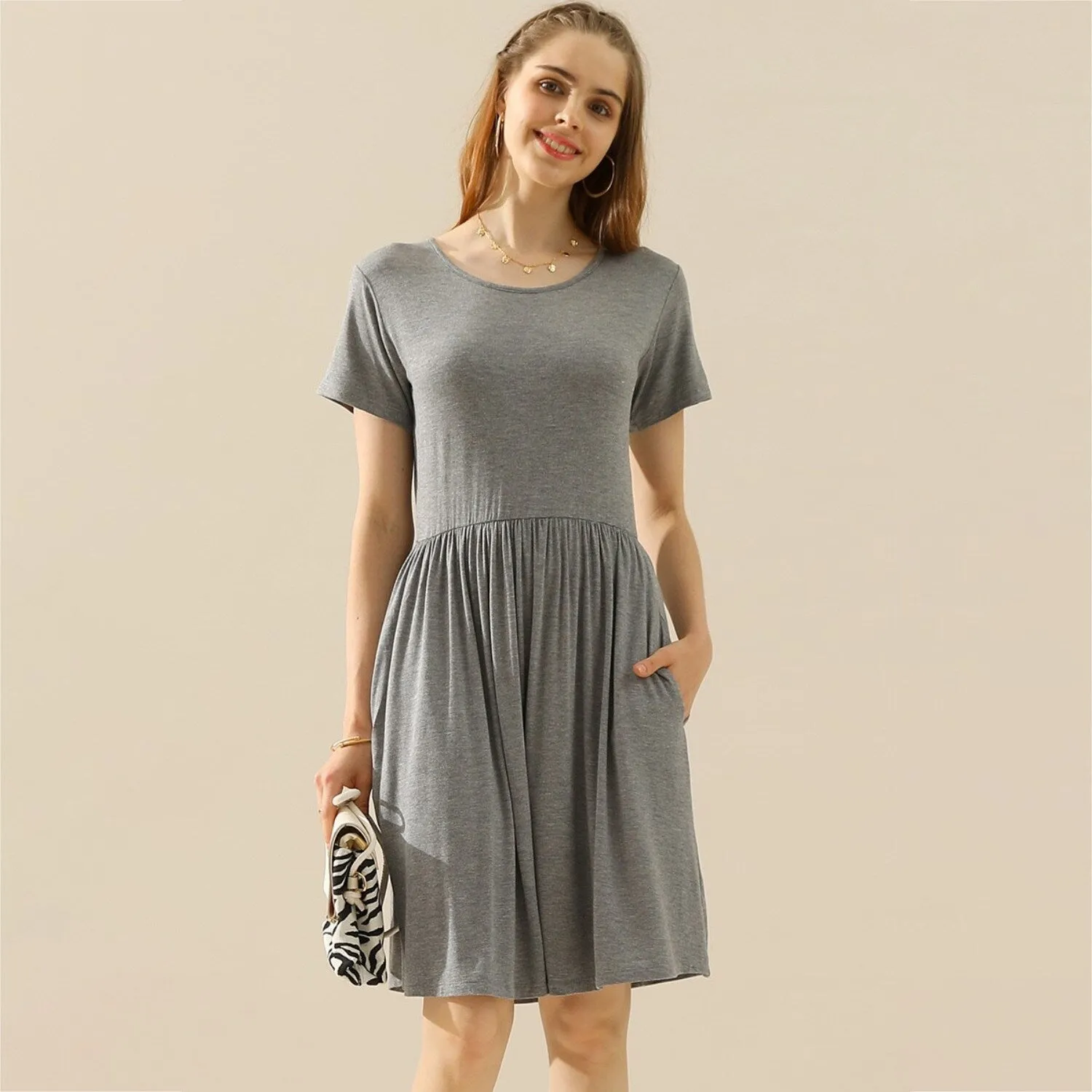 H GREY Round Neck Ruched Dress sold by Zulily