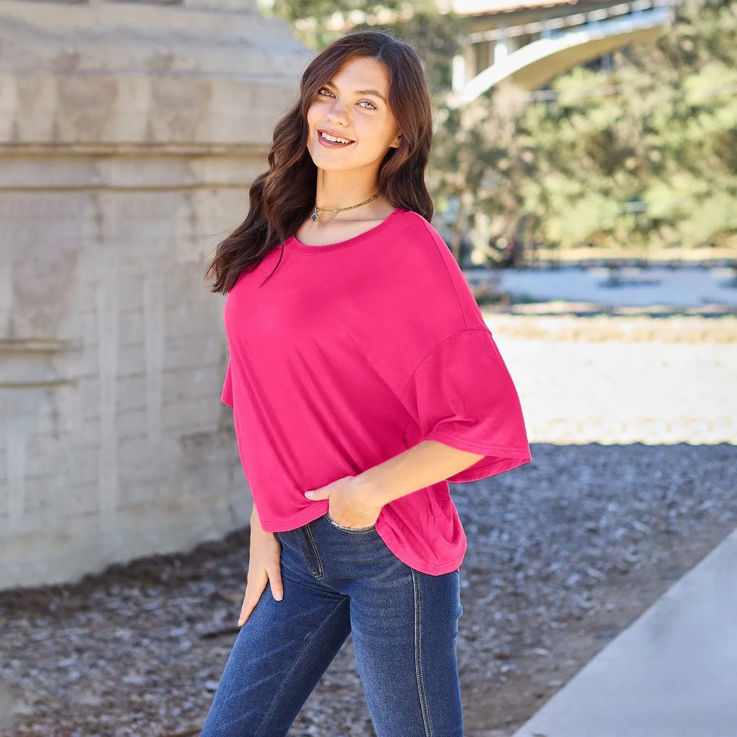 Hot Pink Round Neck Drop Shoulder T-Shirt sold by Zulily product image thumbnail 2
