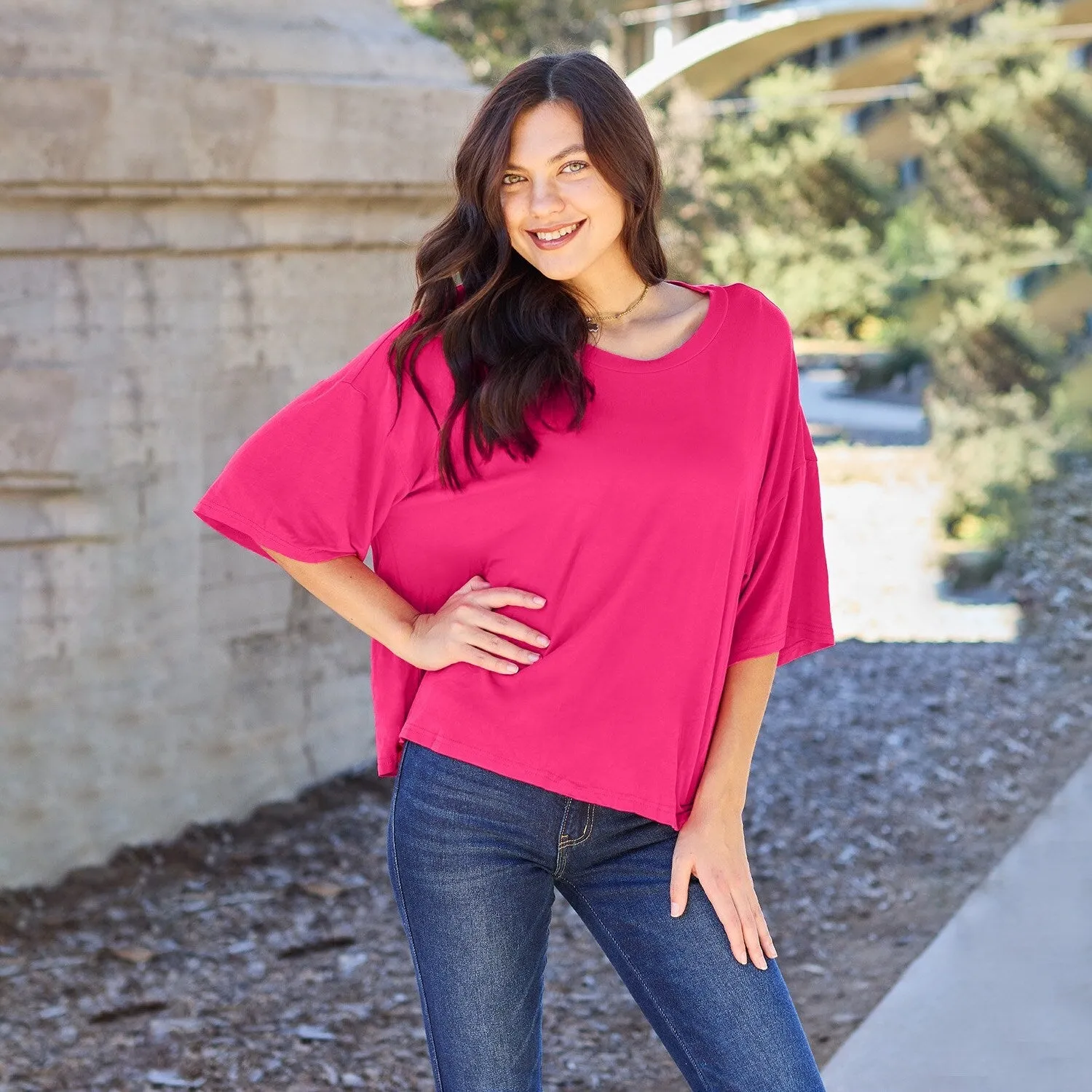 Hot Pink Round Neck Drop Shoulder T-Shirt sold by Zulily