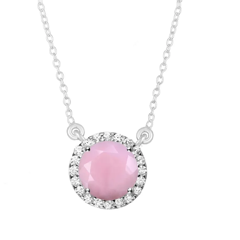 Sterling Silver Natural Pink Opal and White Topaz Halo Necklace sold by Zulily