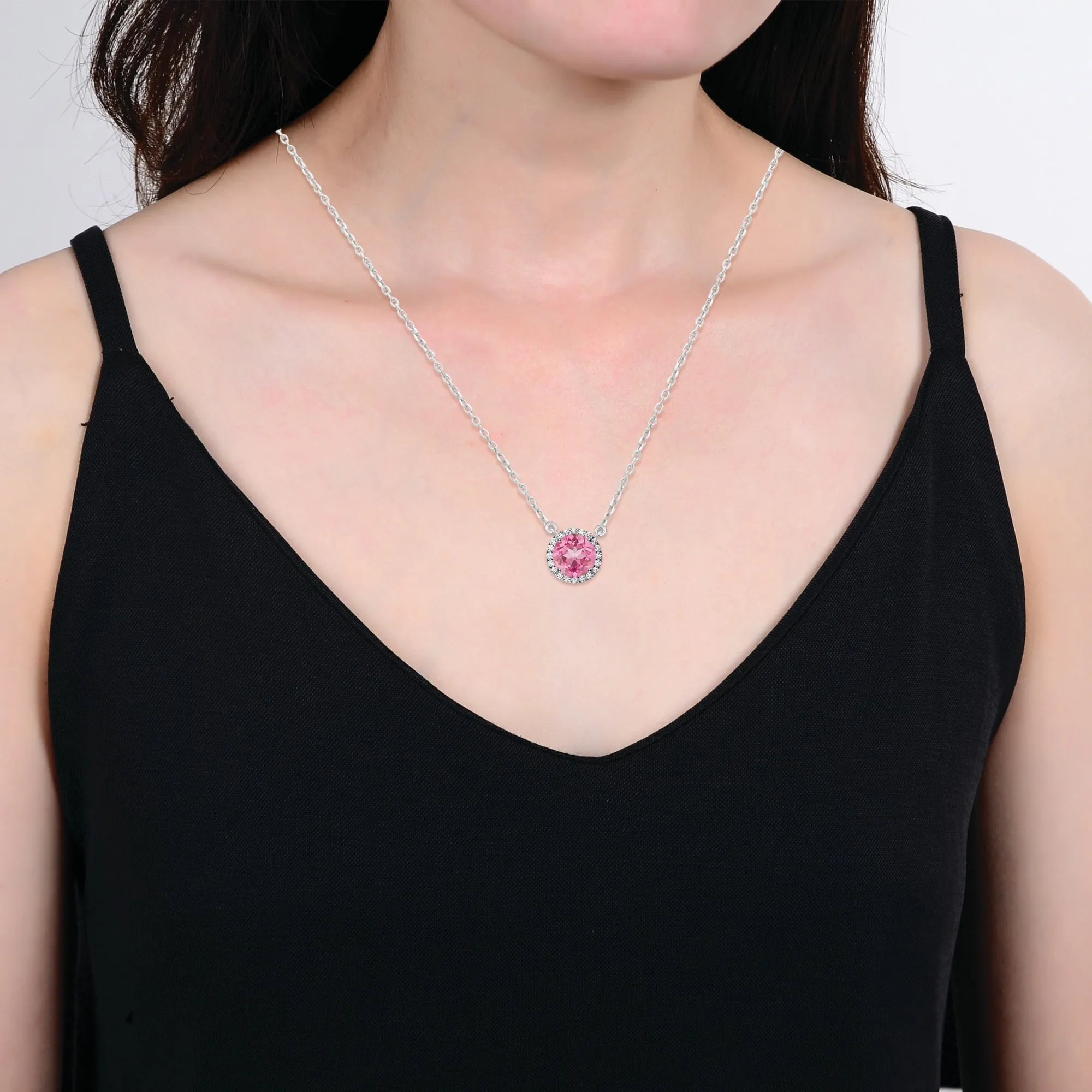 Sterling Silver Pink Topaz and White Topaz Halo Necklace 18" Chain sold by Zulily product image thumbnail 5