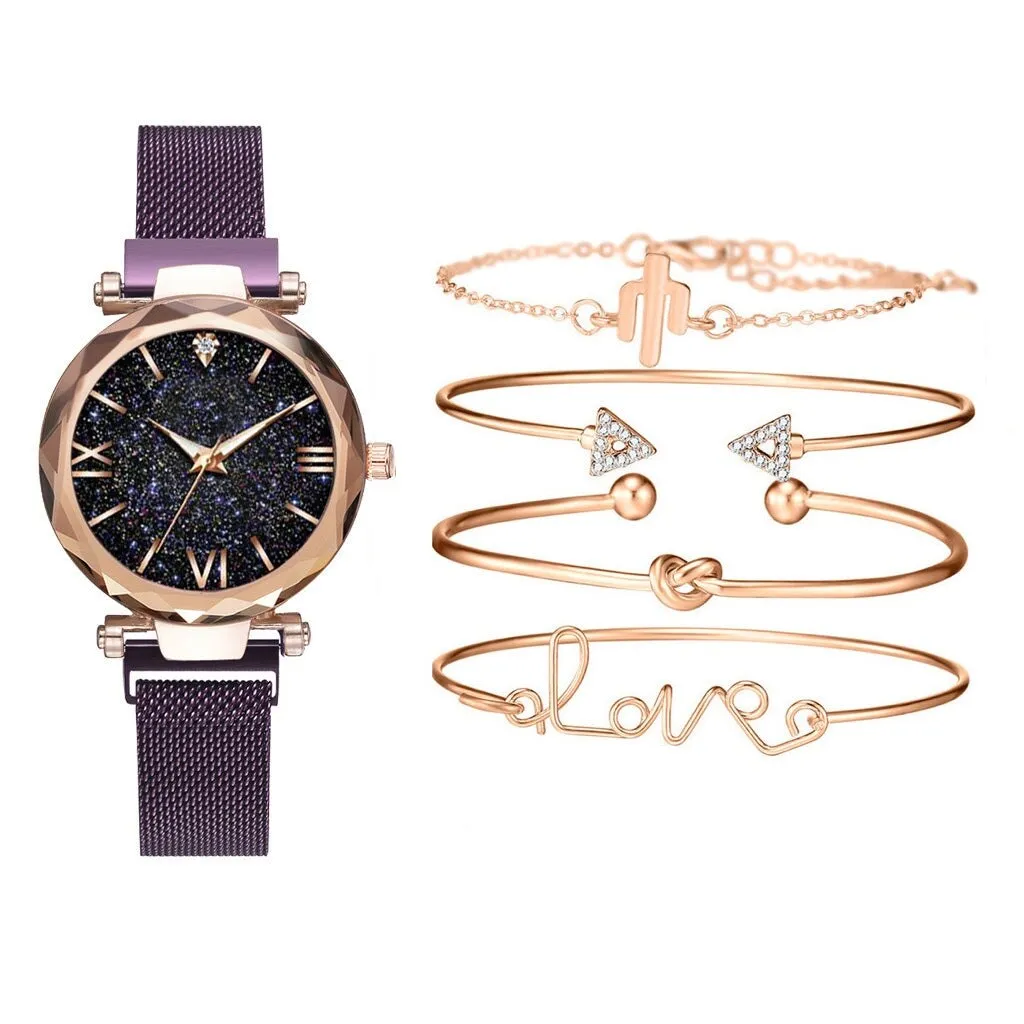 Purple Goldtone Bezelled-edge Sparke Watch Bracelet Set with Roman Numerals sold by Zulily