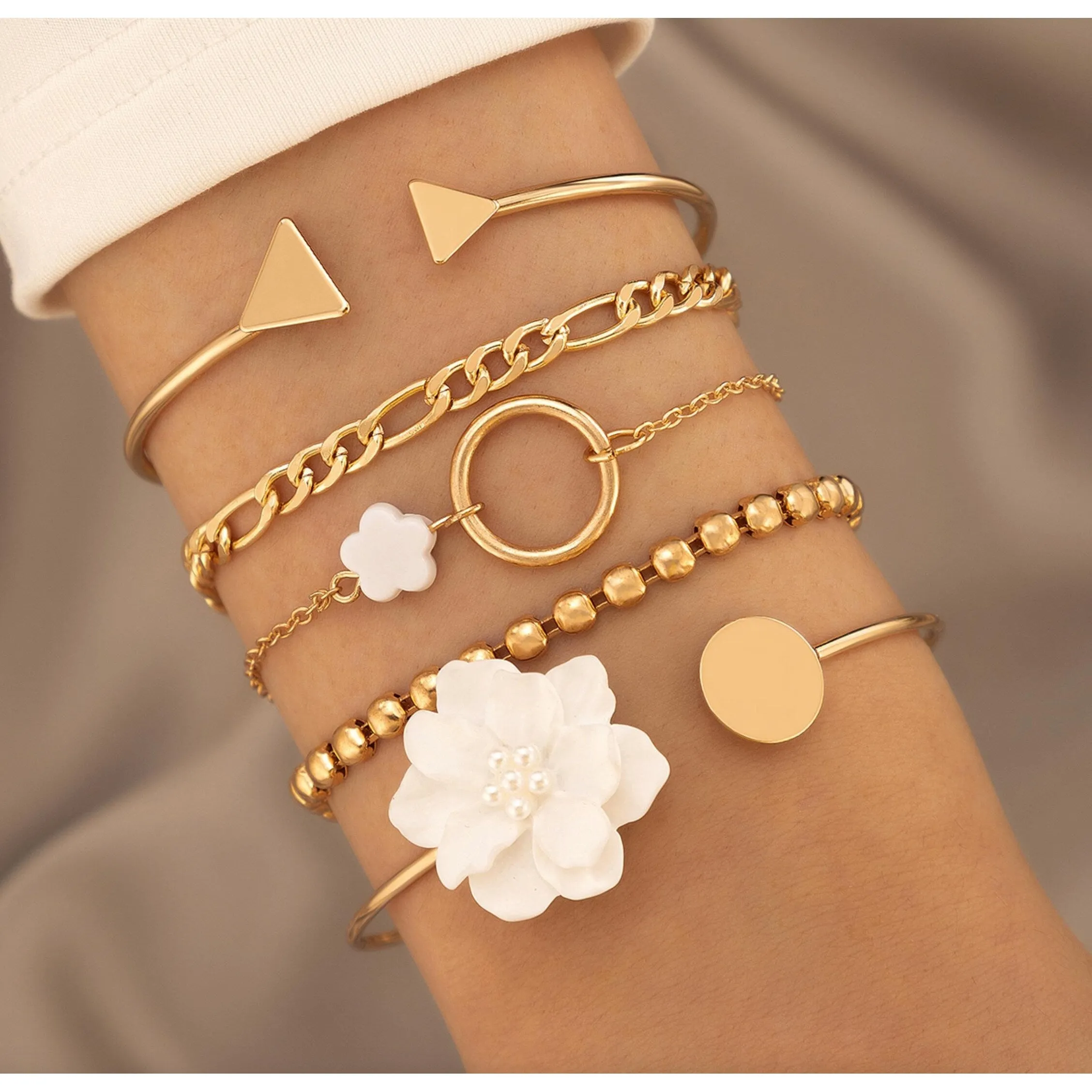 Goldtone & White Floral Chain Bracelet Set sold by Zulily