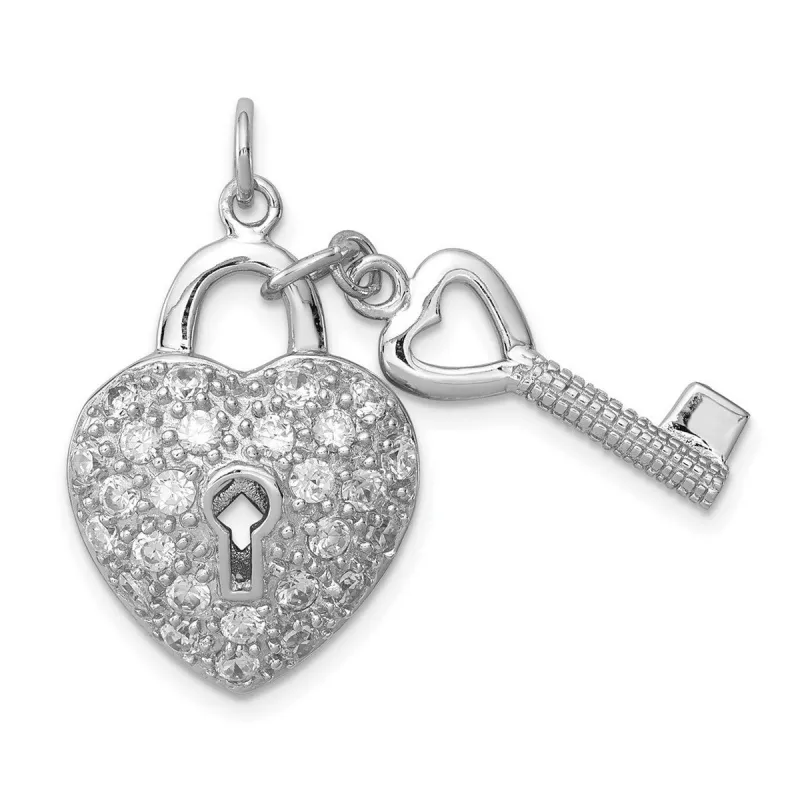 Curata 925 Sterling Silver 18" Polished Cubic Zirconia Heart Lock Key Pendant Necklace - 21mm sold by Zulily