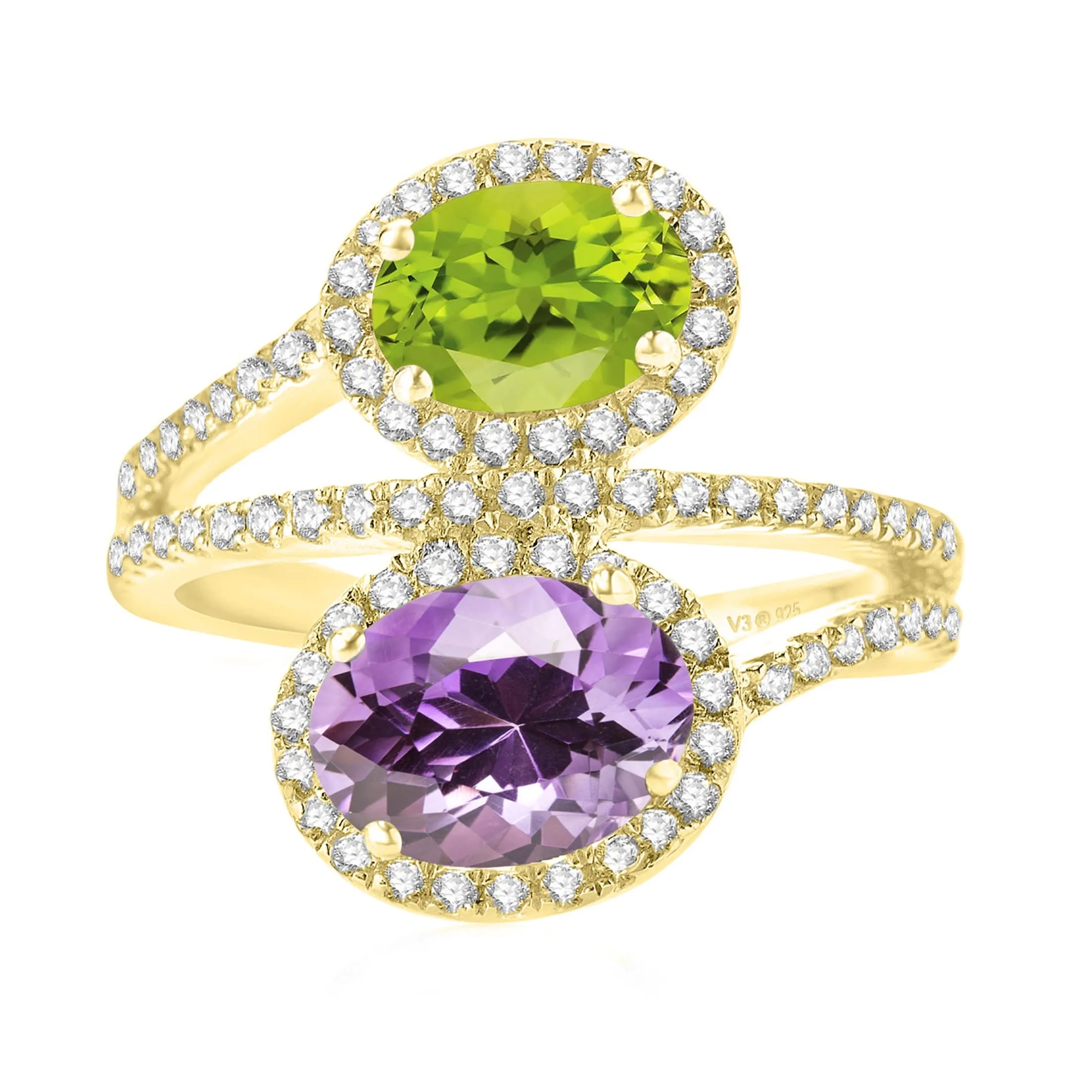 V3 Jewelry 18KT Gold Over Sterling Silver Natural Peridot, Amethyst and White Topaz Bypass Ring for Women sold by Zulily
