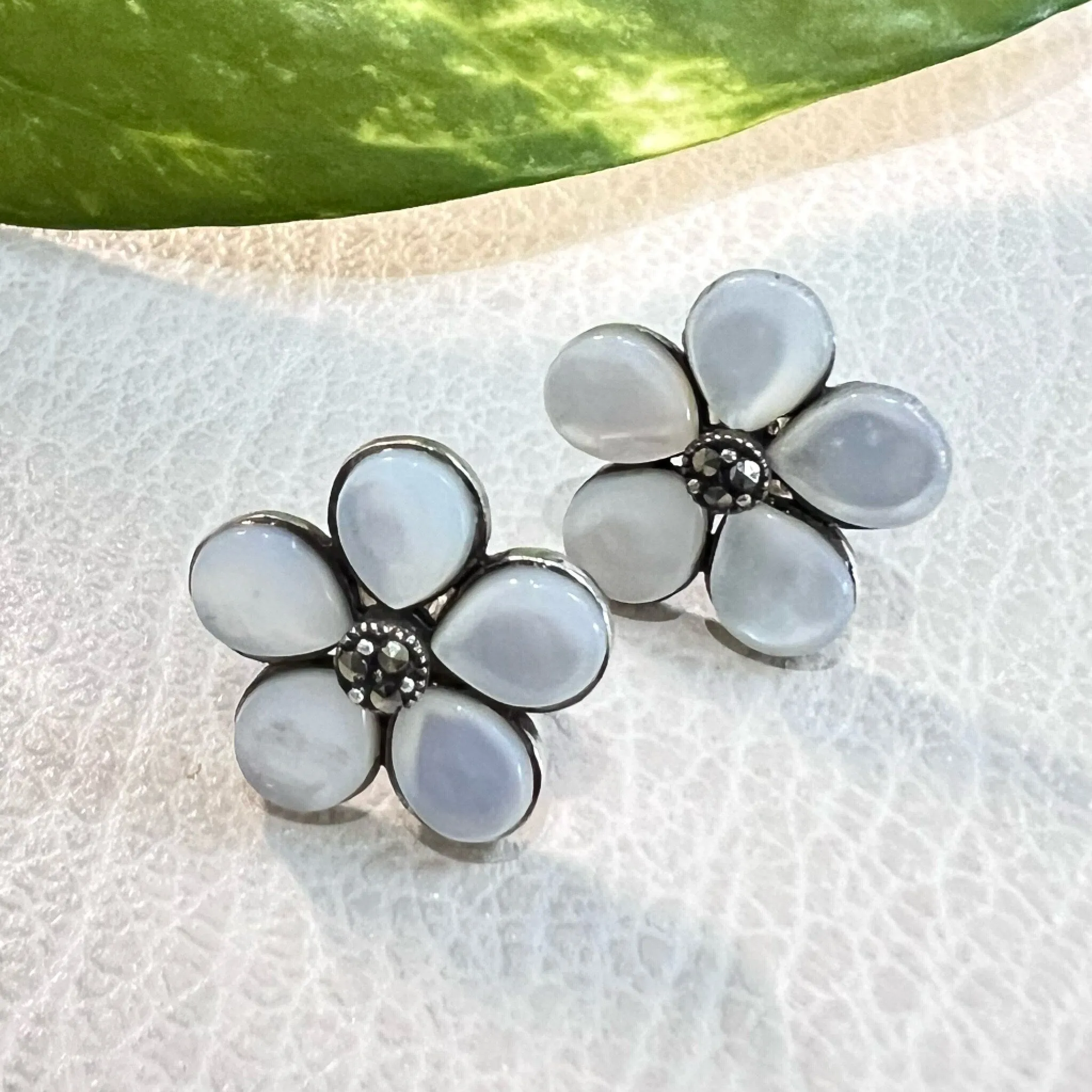Marcasite with Mother of Pearl Sterling Silver Flower Button Earring sold by Zulily