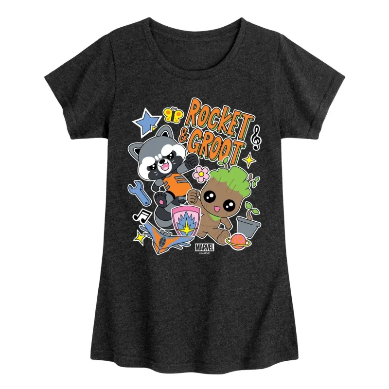 Girls Guardians of The Galaxy Groot and Rocket Stickers Short Sleeve Tee sold by Zulily