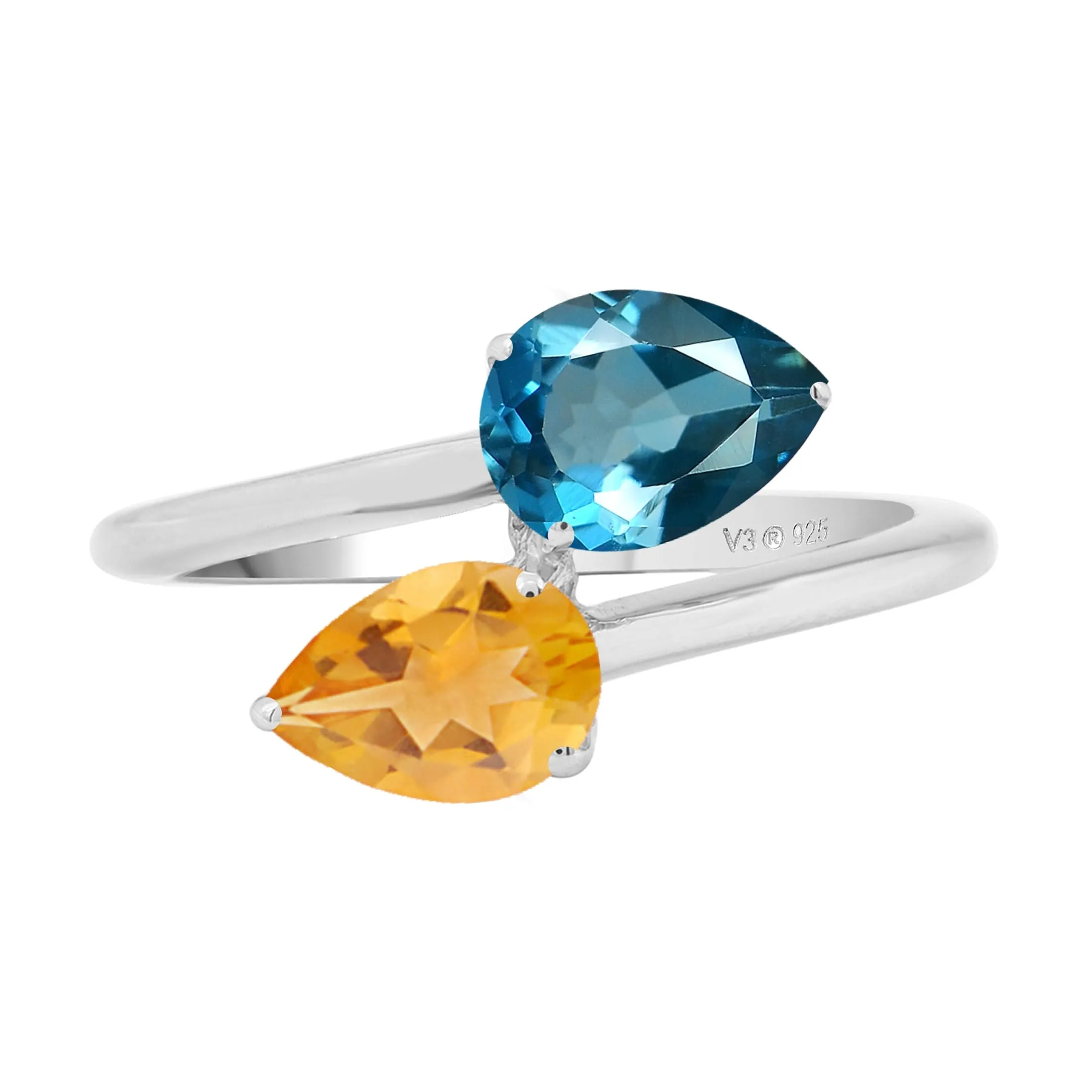 V3 Jewelry 925 Sterling Silver Natural London Blue Topaz and Citrine Bypass Ring for Women sold by Zulily