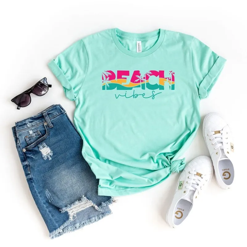 Beach Vibes Colorful Palm Trees Short Sleeve Crewnneck Tee sold by Zulily